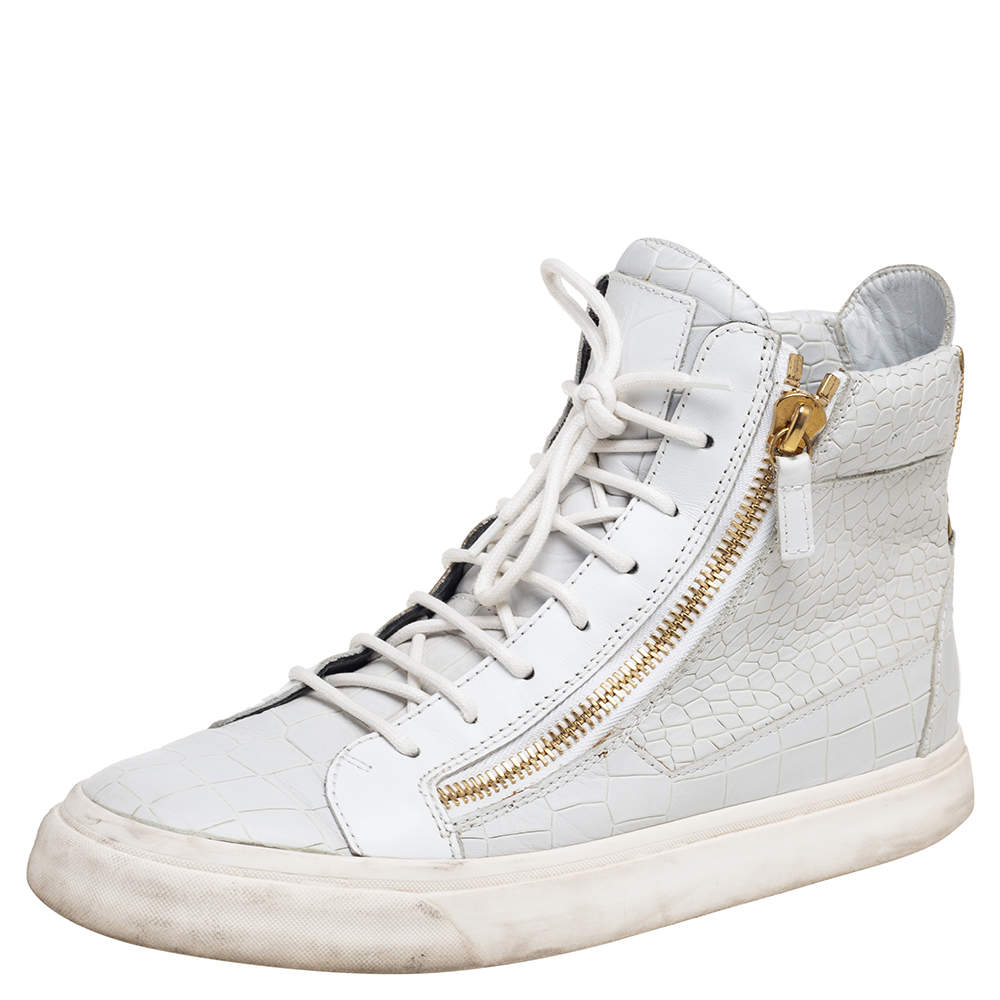 Pre Owned Giuseppe Zanotti White Croc Embossed Leather London High Top Sneakers Size 42