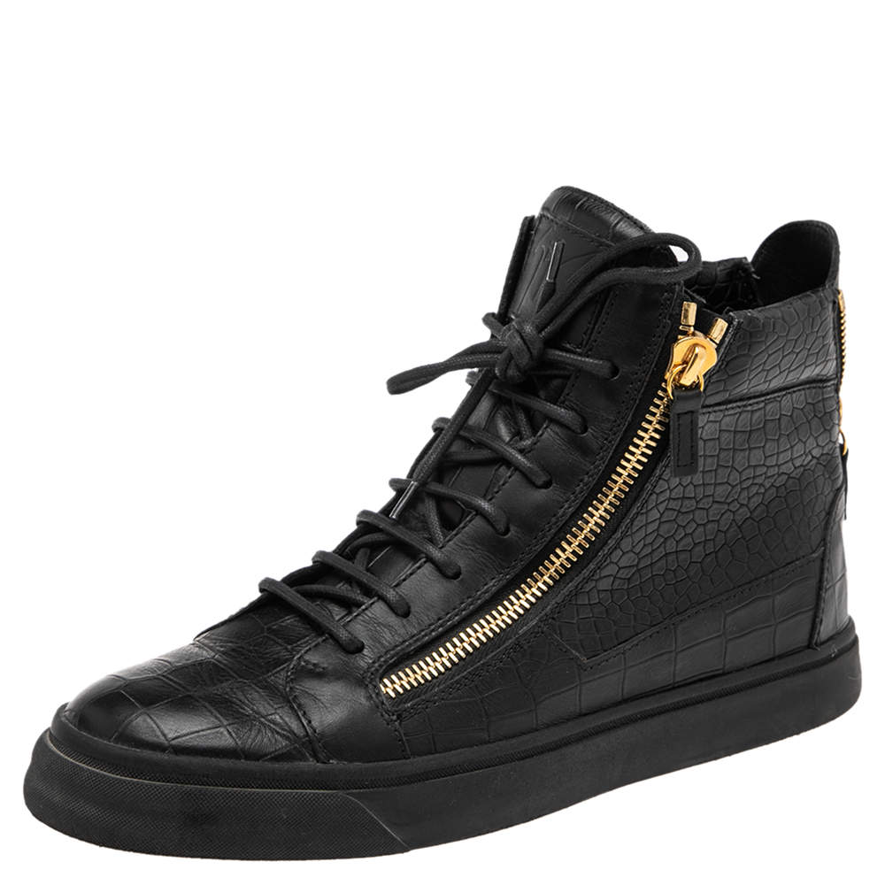 Pre Owned Giuseppe Zanotti Black-Blue Croc Embossed Leather London High Top Sneakers Size 42