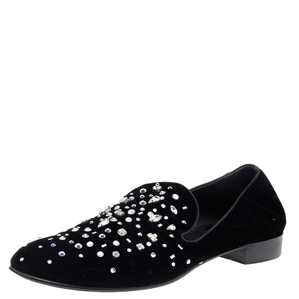 Pre Owned Giuseppe Zanotti Black Velvet Crystal Embellished Smoking Slippers Size 46