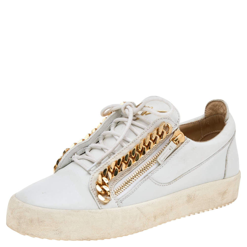 Pre Owned Giuseppe Zanotti White Leather Chain Detail Frankie Low Top Sneakers Size 44