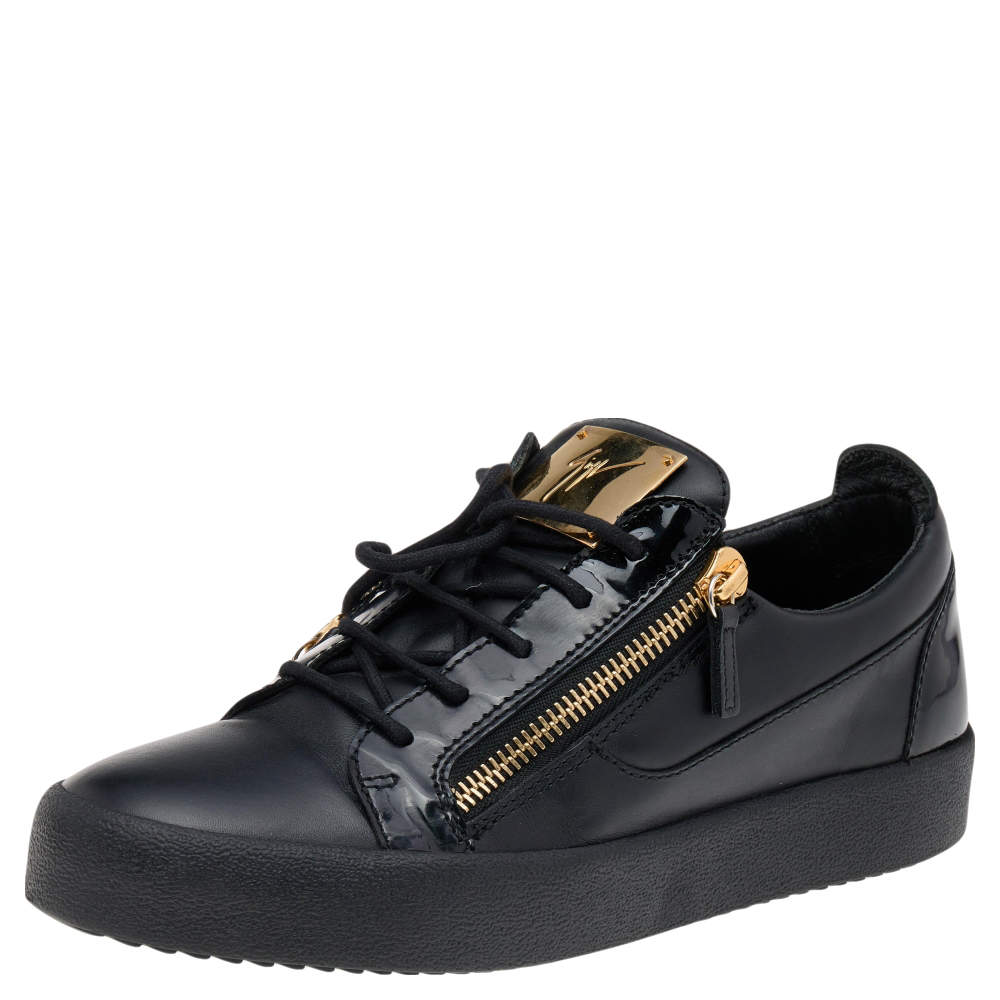 Giuseppe Zanotti Black Leather Double Zipper Low Top Sneakers Size 42.5 Giuseppe Zanotti