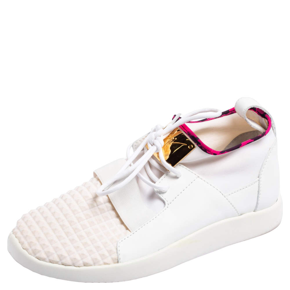 Pre Owned Giuseppe Zanotti Grey/White Fabric And Leather Lace Up  Sneakers Size 38