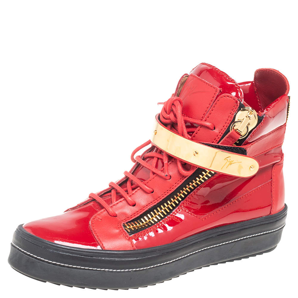 Pre Owned Giuseppe Zanotti Red Patent And Leather Kriss Steel Sneakers Size 38.5