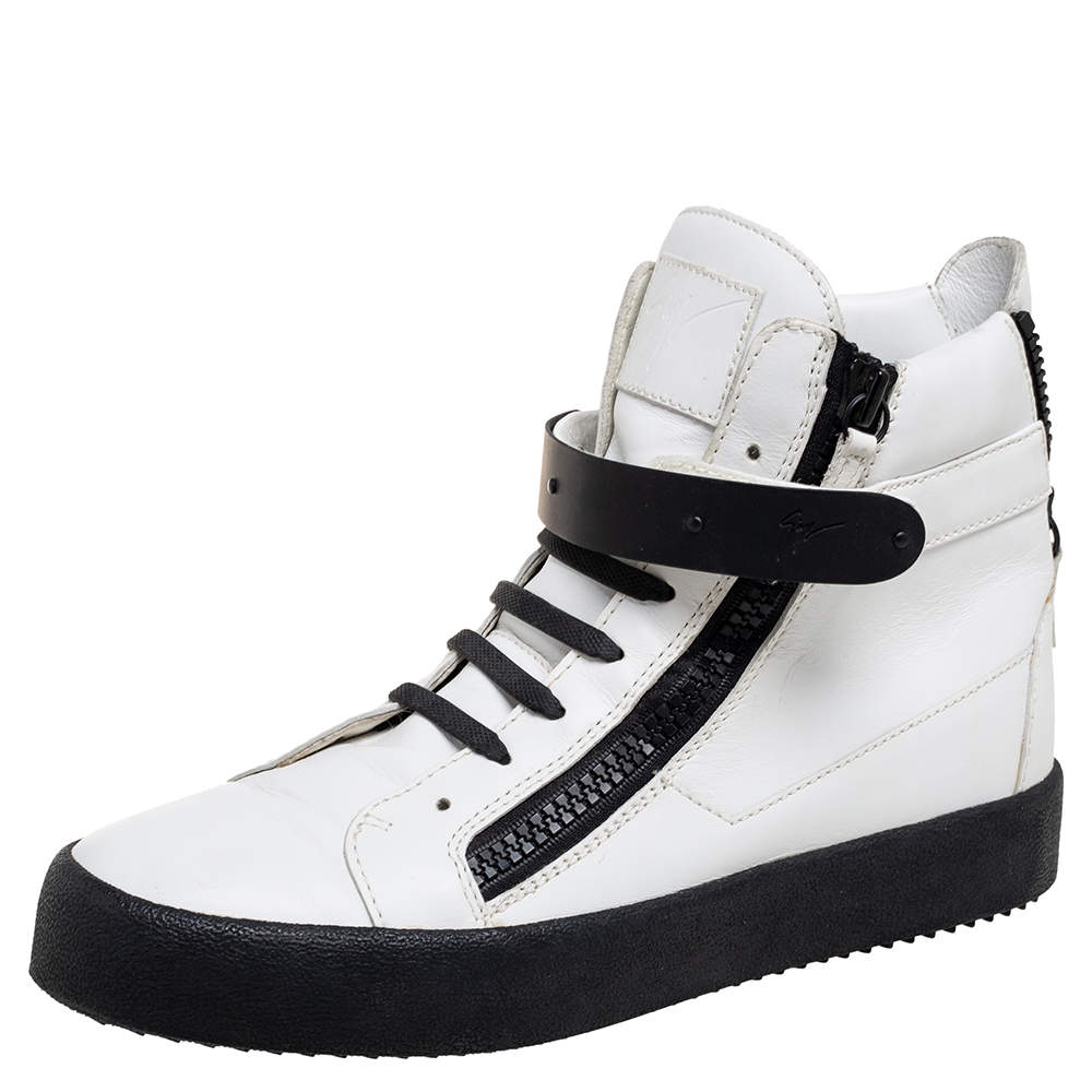 Pre Owned Giuseppe Zanotti White/Black Leather Zip Detail High-Top Sneakers Size 42