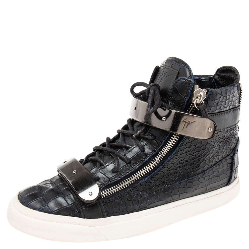 Pre Owned Giuseppe Zanotti Black/Blue Croc Embossed Leather Coby High-Top Sneakers Size 42