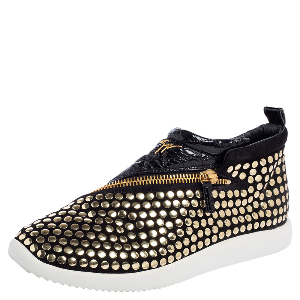 Pre Owned Giuseppe Zanotti Black Suede And Croc Embossed Patent Leather Embellished Zip Detail Sneakers Size 43