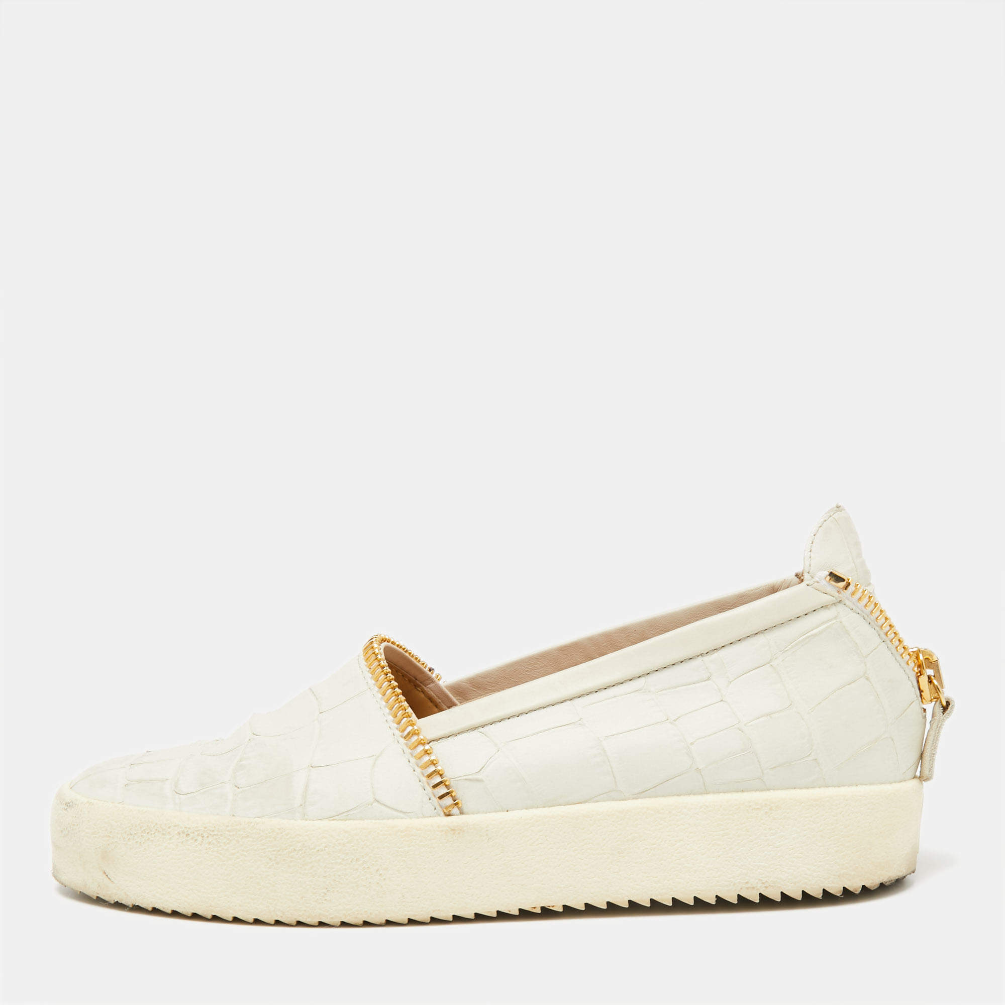 Pre Owned Giuseppe Zanotti Off White Croc Embossed Leather Slip-on Sneakers Size 41