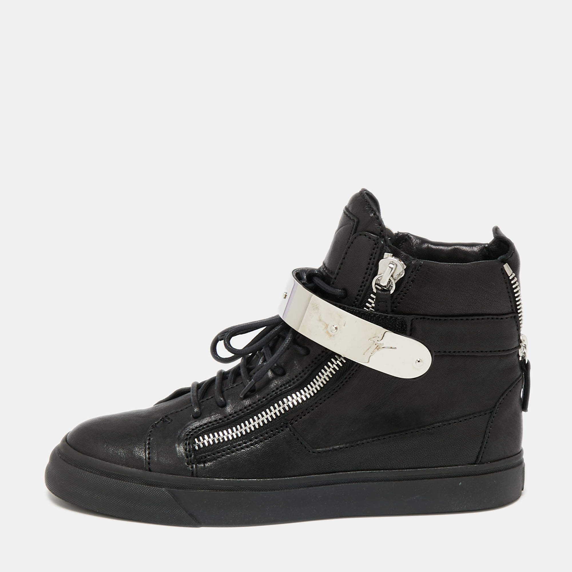 Pre Owned Giuseppe Zanotti Black Leather Single Bangle High Top Sneakers Size 39