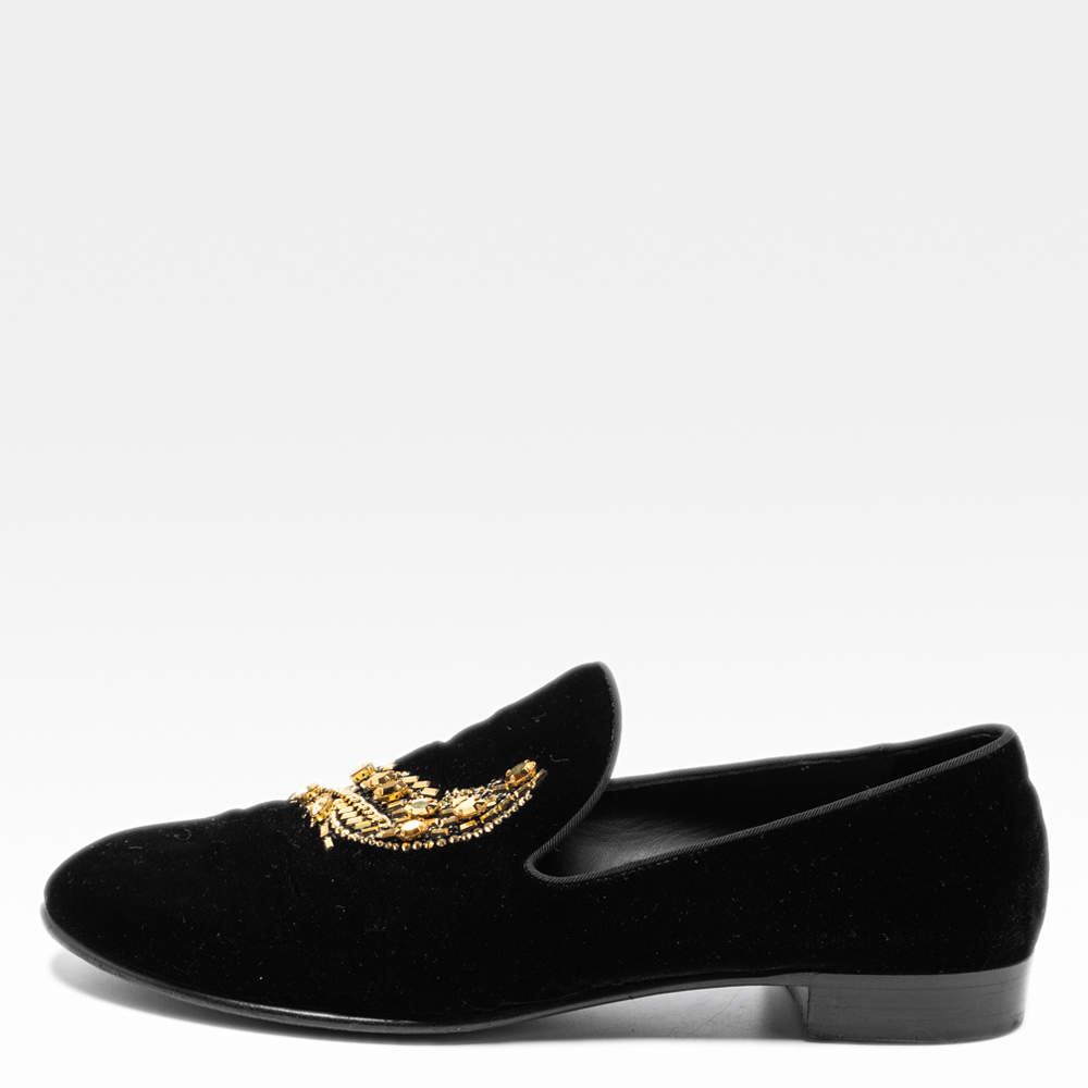 Pre Owned Giuseppe Zanotti Black Velvet Crystal Embellished Smoking Slippers Size 42.5