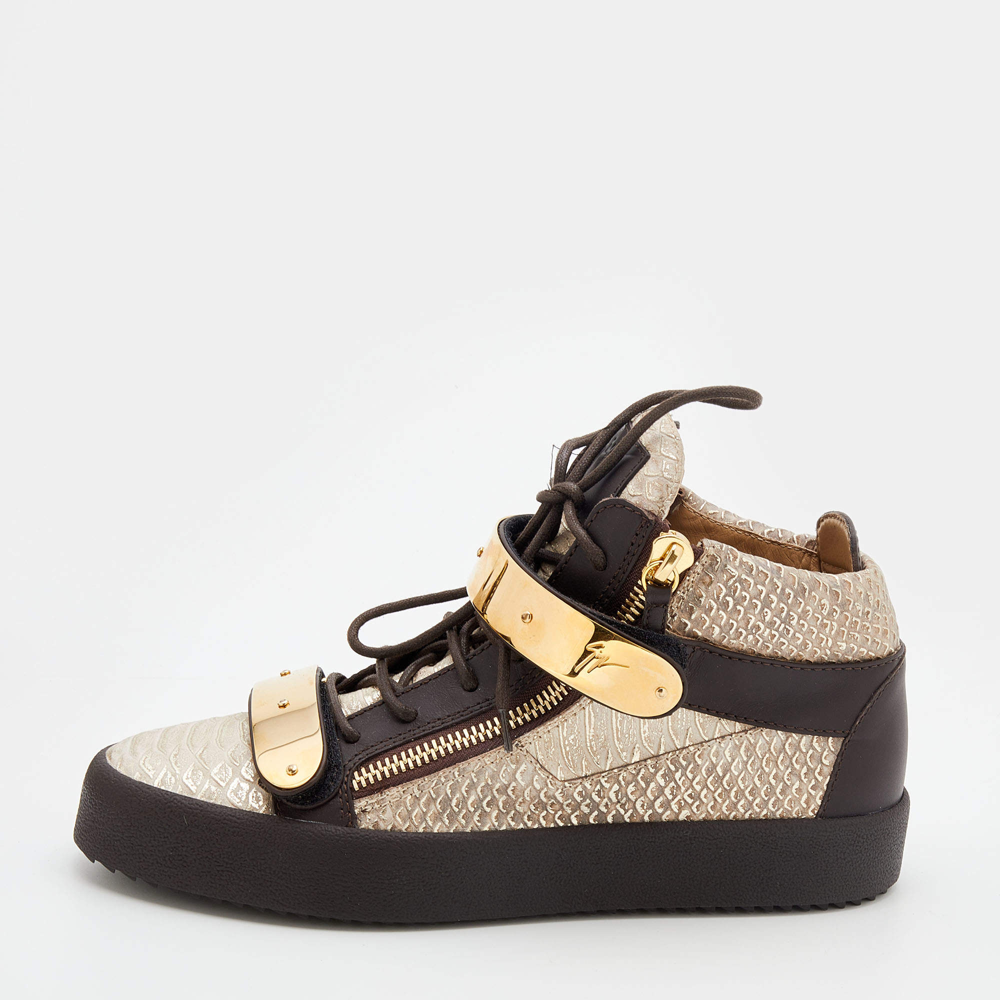 Pre Owned Giuseppe Zanotti Beige/Brown Python Embossed Leather Coby High Top Sneakers Size 42