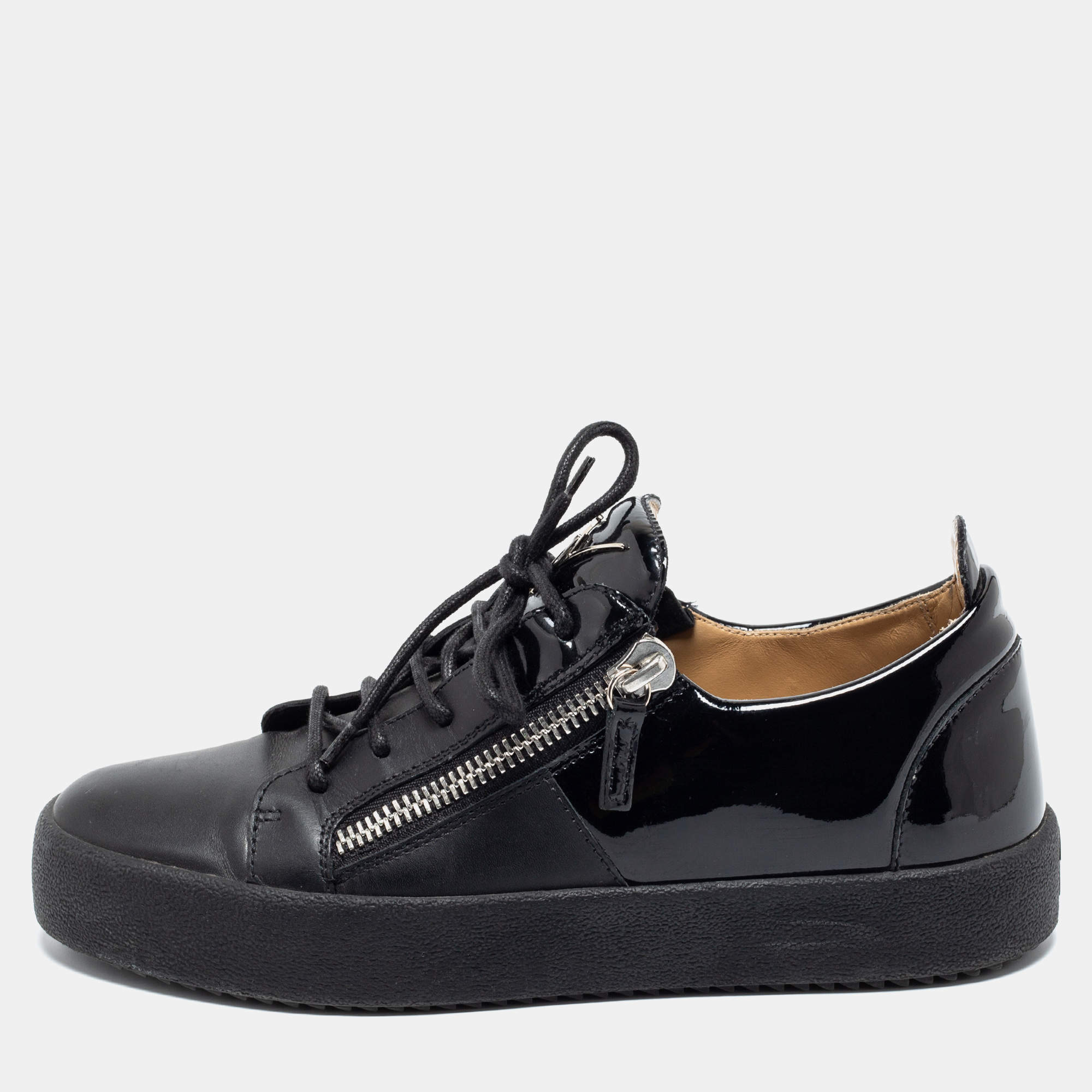 Pre Owned Giuseppe Zanotti Black Patent And Leather Double Zip Low Top Sneakers Size 40