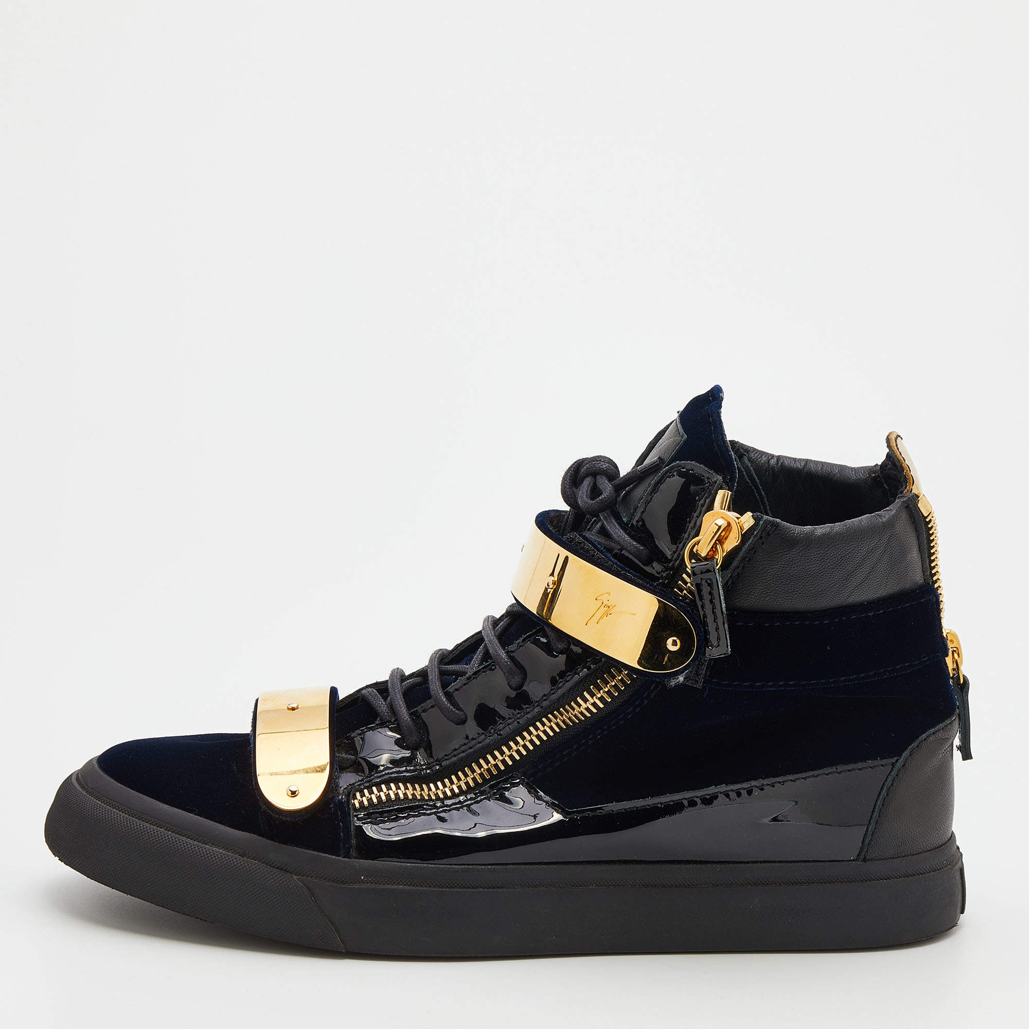 Pre Owned Giuseppe Zanotti Navy Blue/Black Velvet And Patent Leather Coby High Top Sneakers Size 42.5