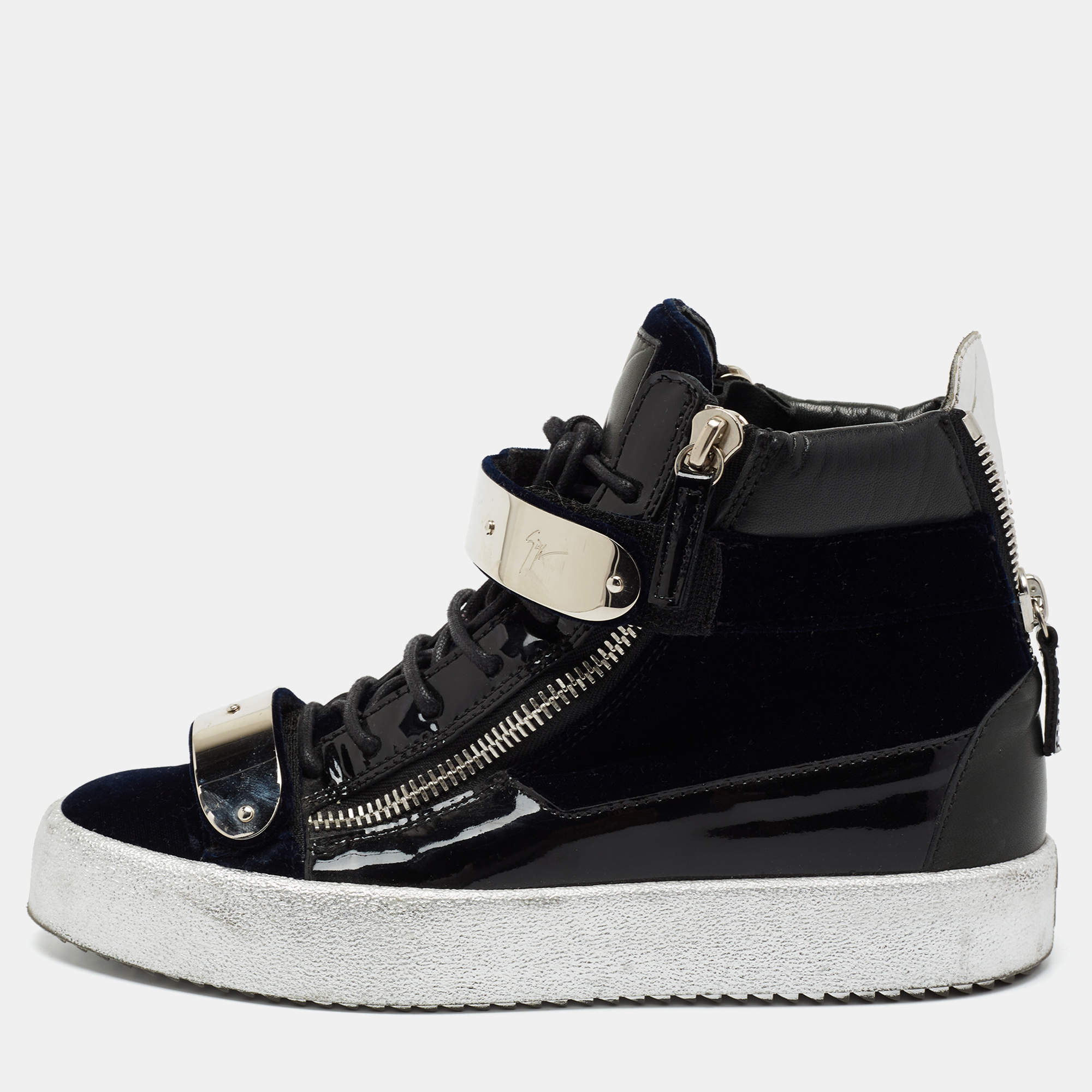 Giuseppe Zanotti Navy Blue/Black Velvet and Patent Leather Coby High-Top Sneakers Size 40