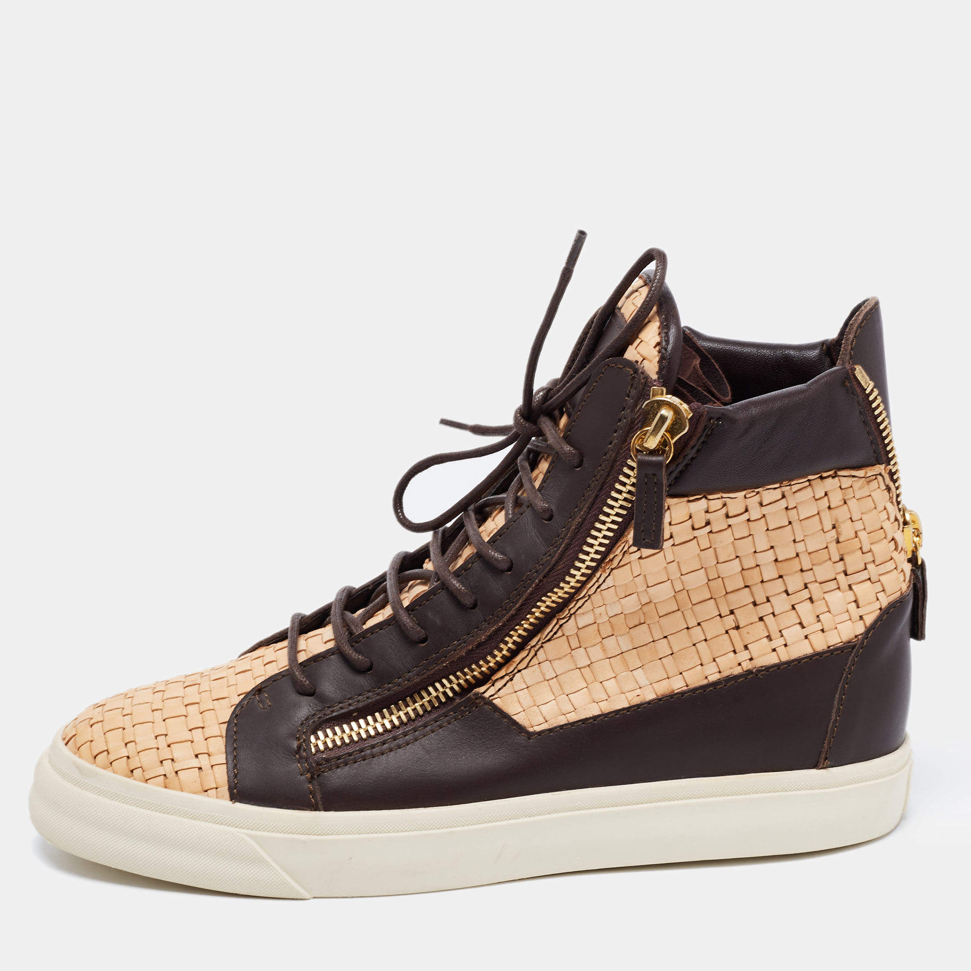 Giuseppe Zanotti Beige/Brown Woven and Leather High Top Sneakers Size 40