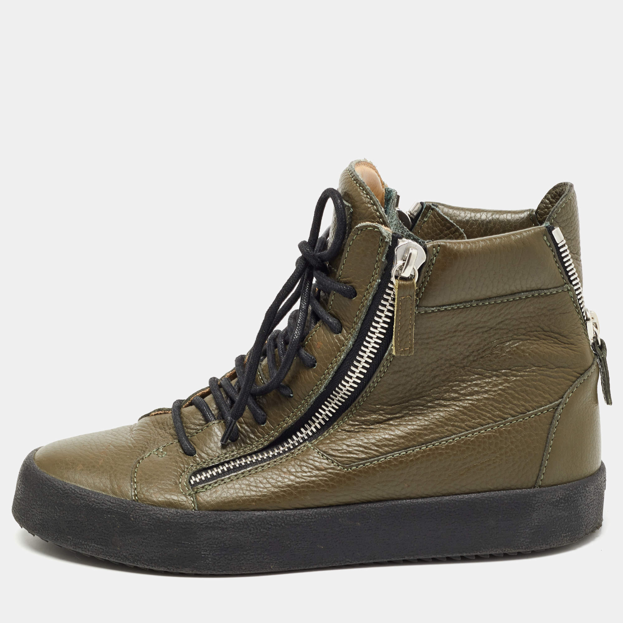 Giuseppe Zanotti Olive Green Leather Double Zip Sneakers Size 41.5  