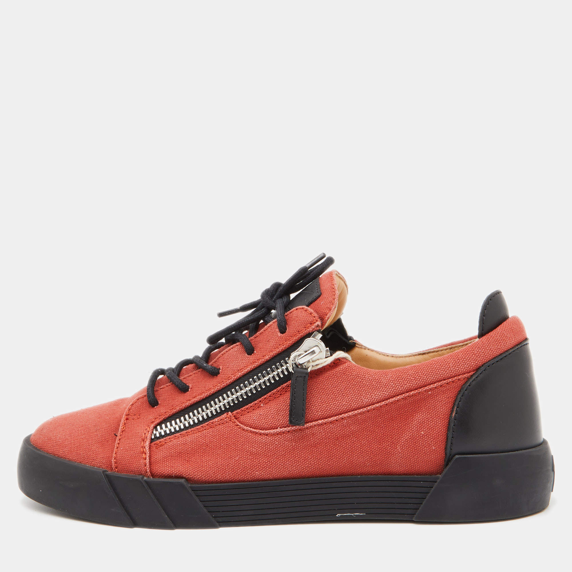 Gisueppe Zanotti Orange Canvas and Leather Zip Low Top Sneakers Size 43 Giuseppe | TLC