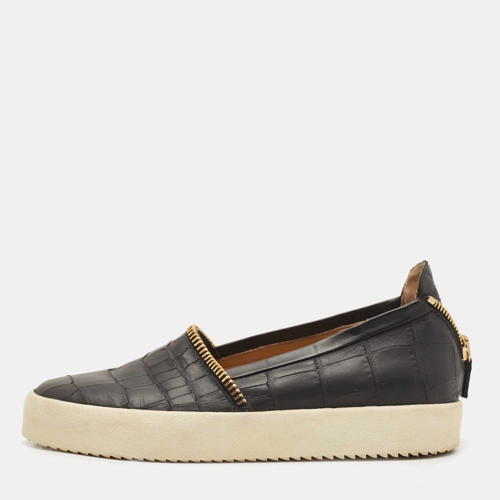 Giuseppe Zanotti Black Croc Embossed Leather Slip On Sneakers Size 44