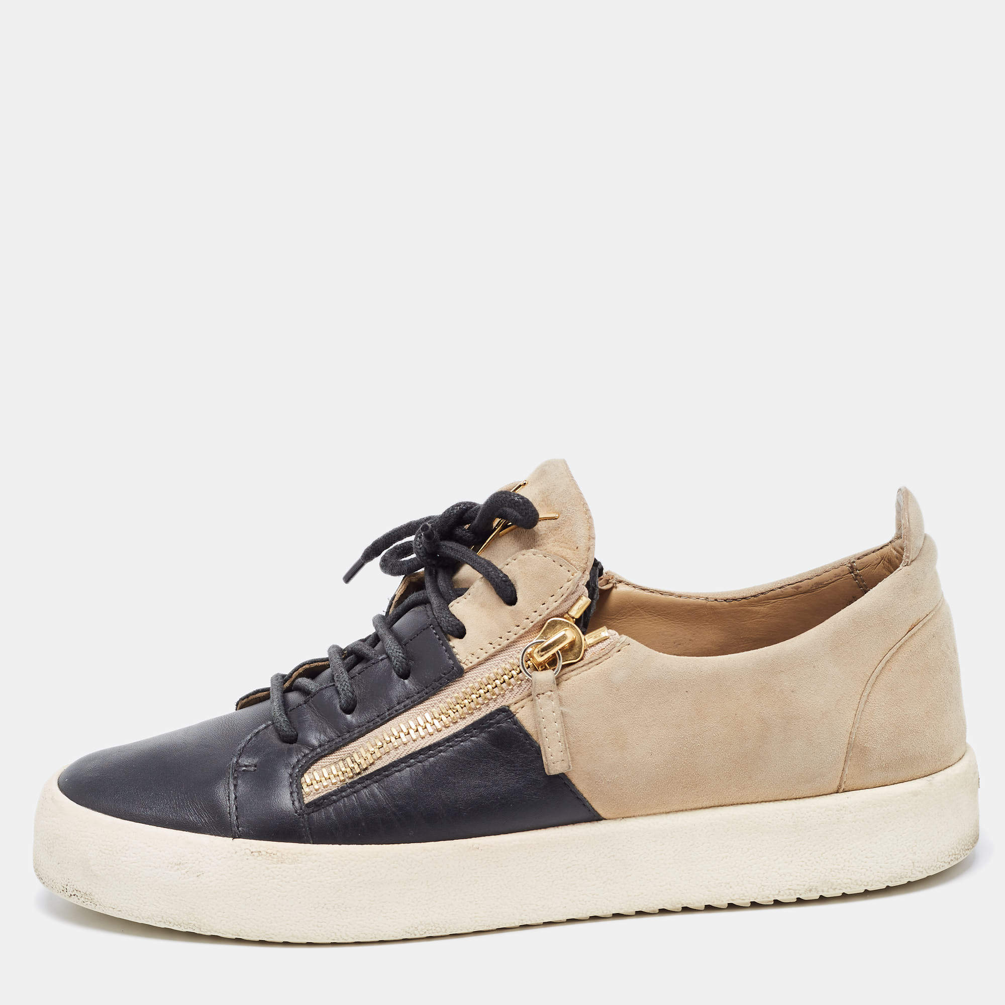 Pre Owned Giuseppe Zanotti Black/Beige Suede And Leather Double Zip Low Top Sneakers Size 43