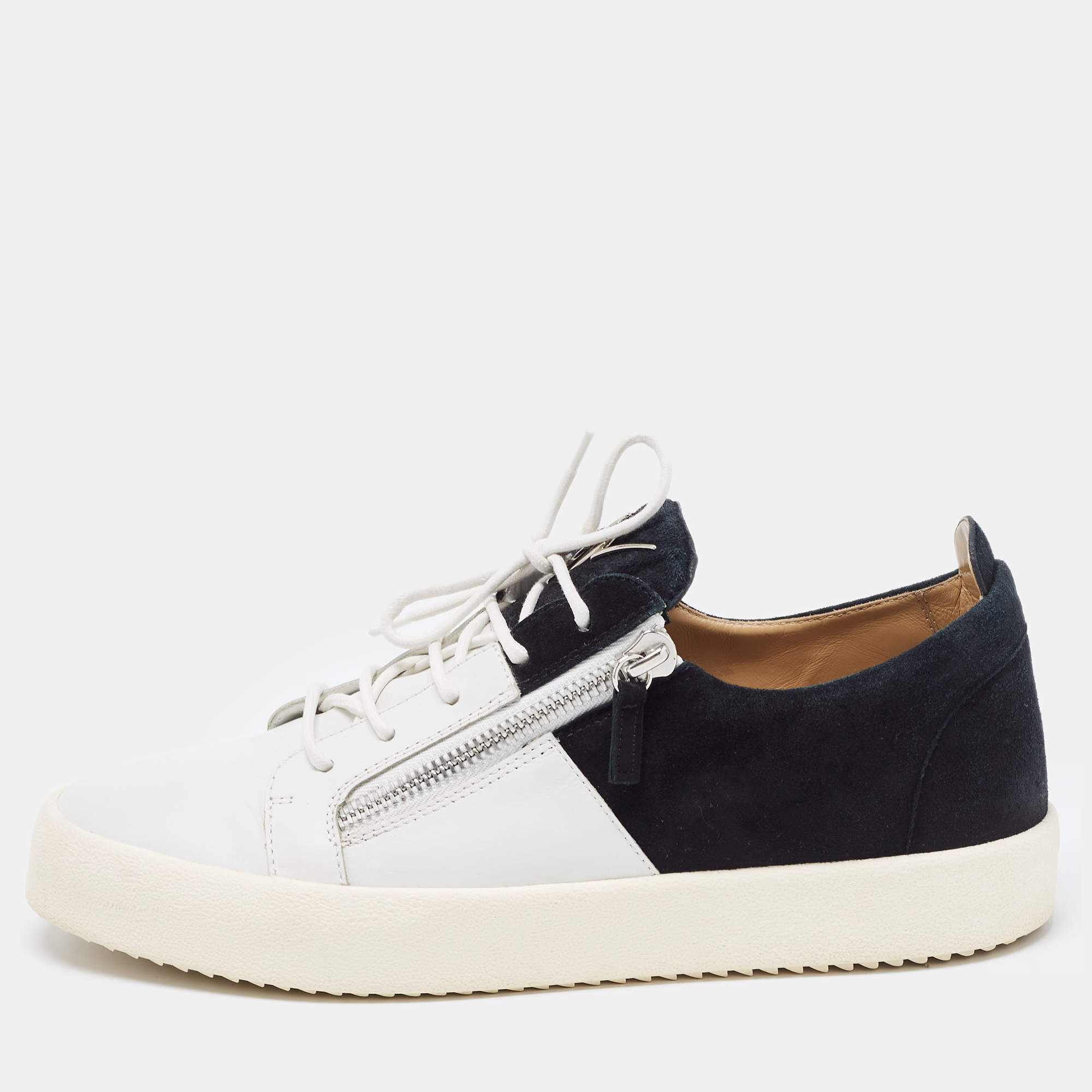 Giuseppe Zanotti White/Black Nubuck and Leather Double Zip Low Top Sneakers Size 45