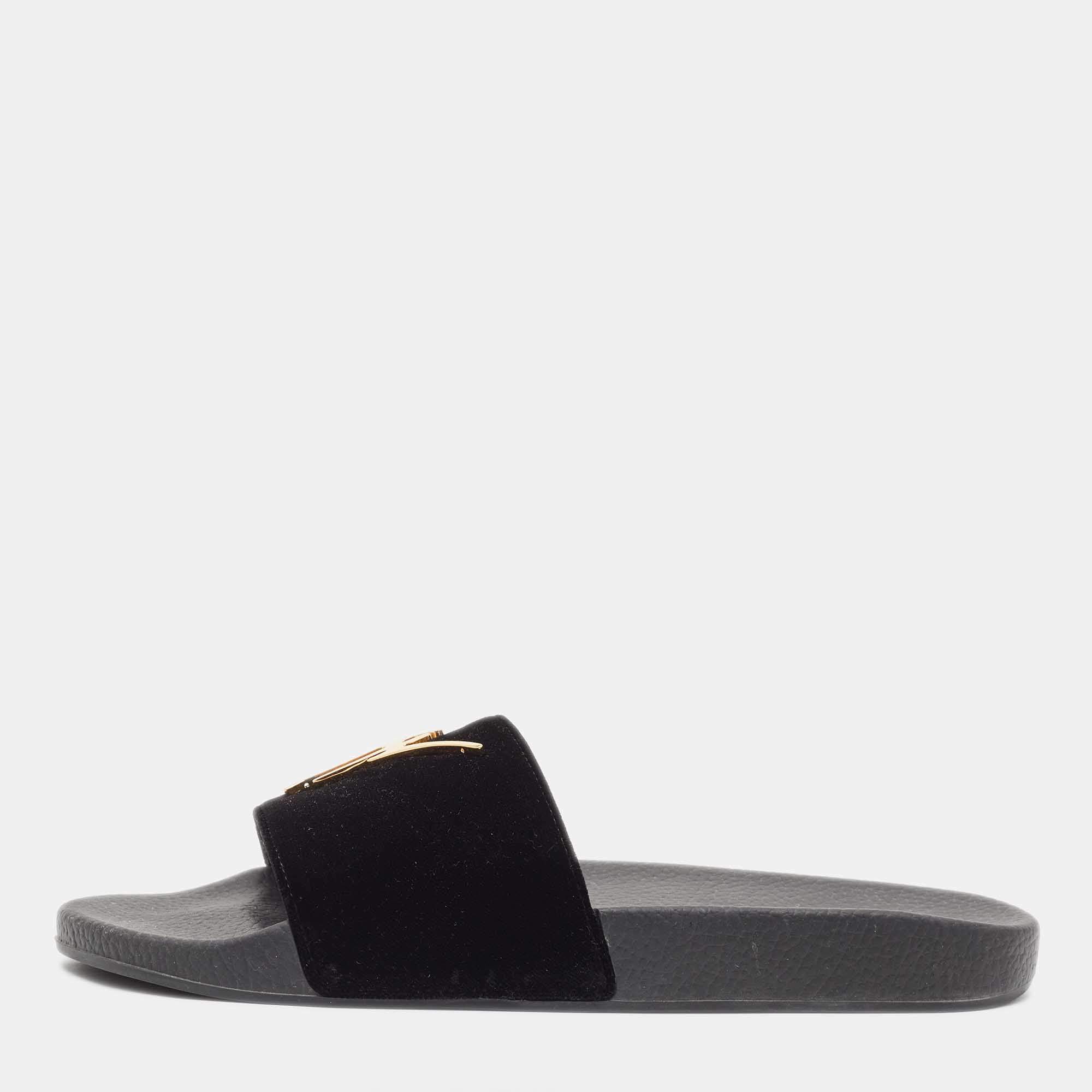 Giuseppe Zanotti Black Velvet Pool Flat Slides Size 43