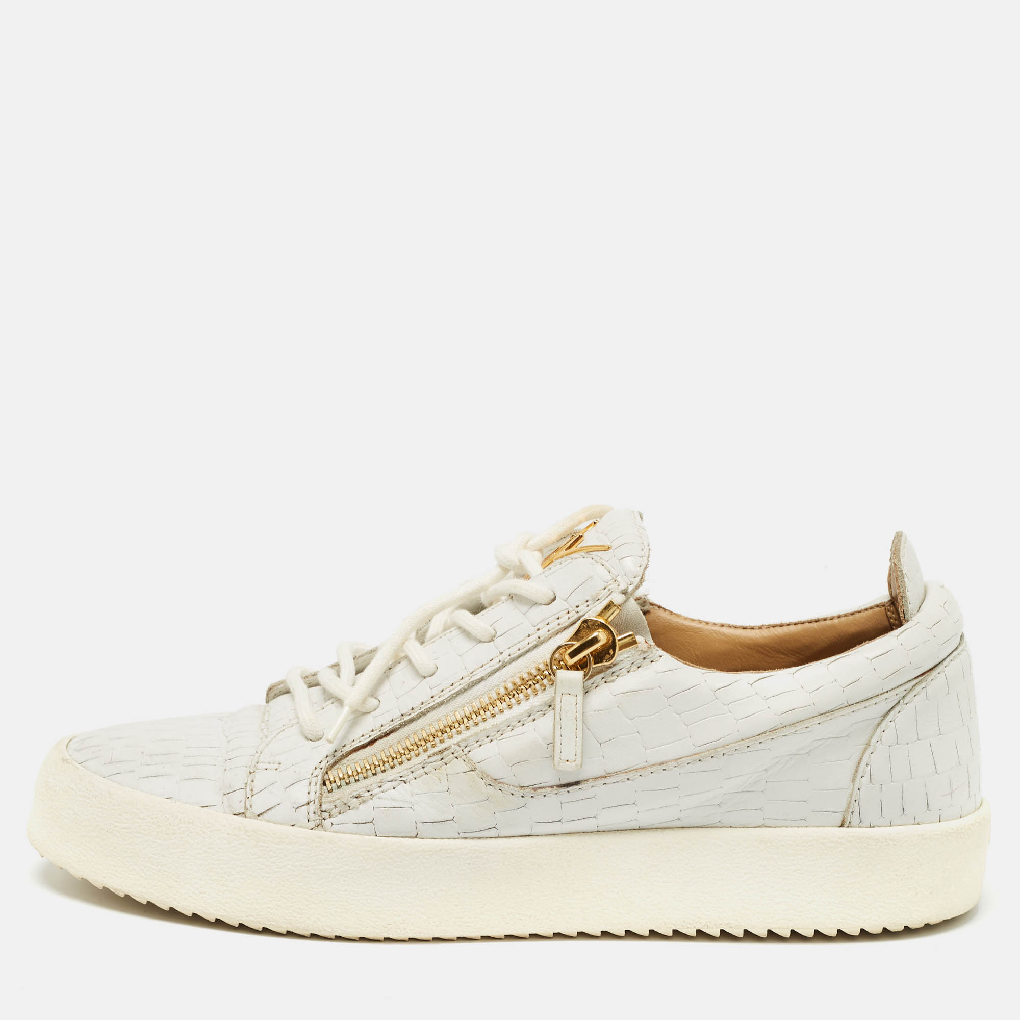 Pre Owned Giuseppe Zanotti White Croc Embossed Leather Double Zip Low Top Sneakers Size 43