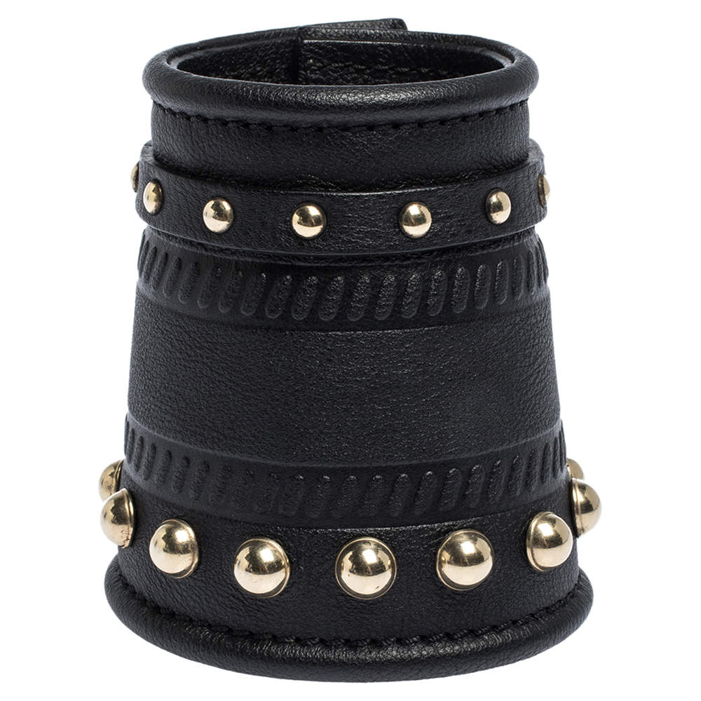 Pre Owned Givenchy Black Embossed Leather Studs Wide Buckle Cuff Bracelet