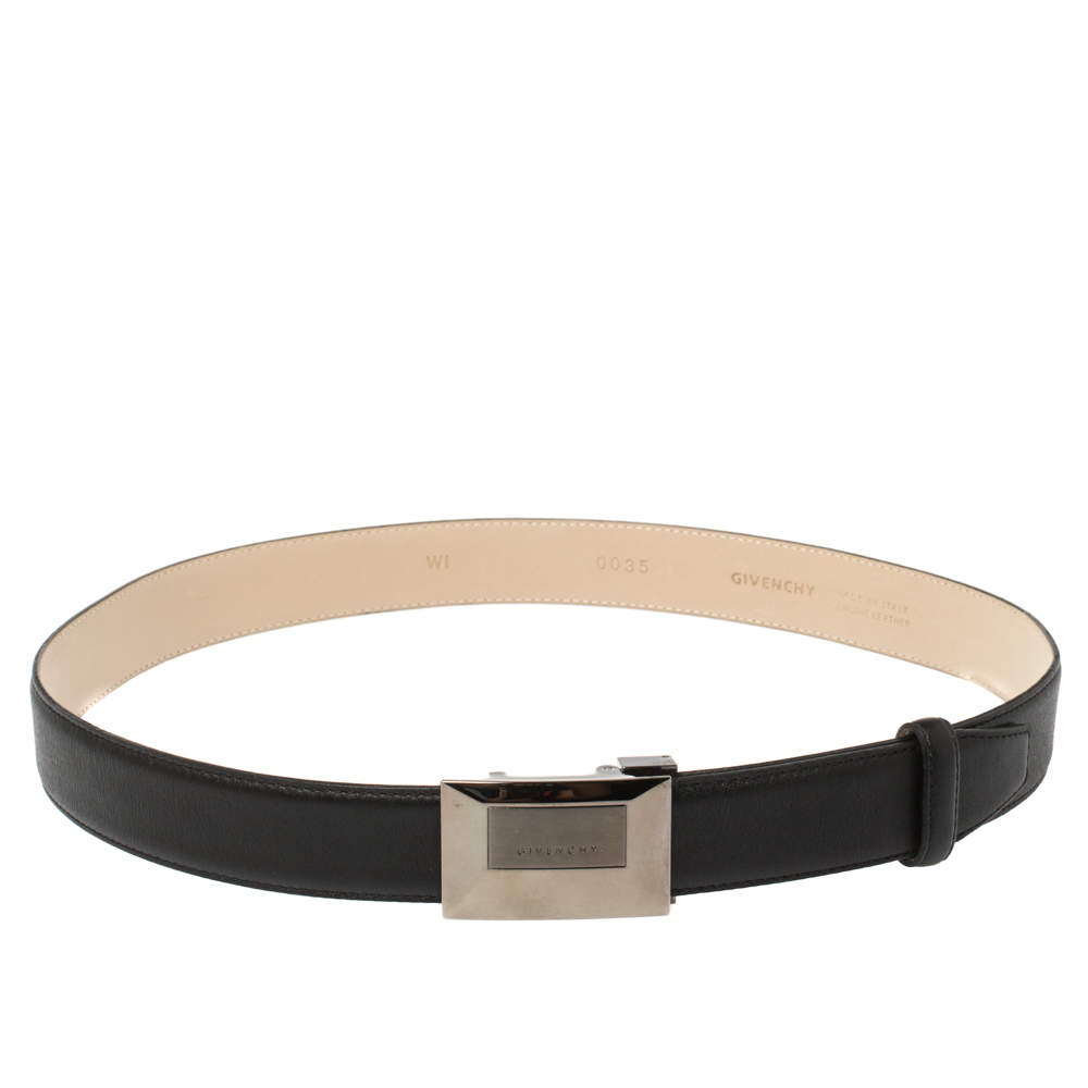 Pre Owned Givenchy Black Leather Plaque Logo Belt 85CM