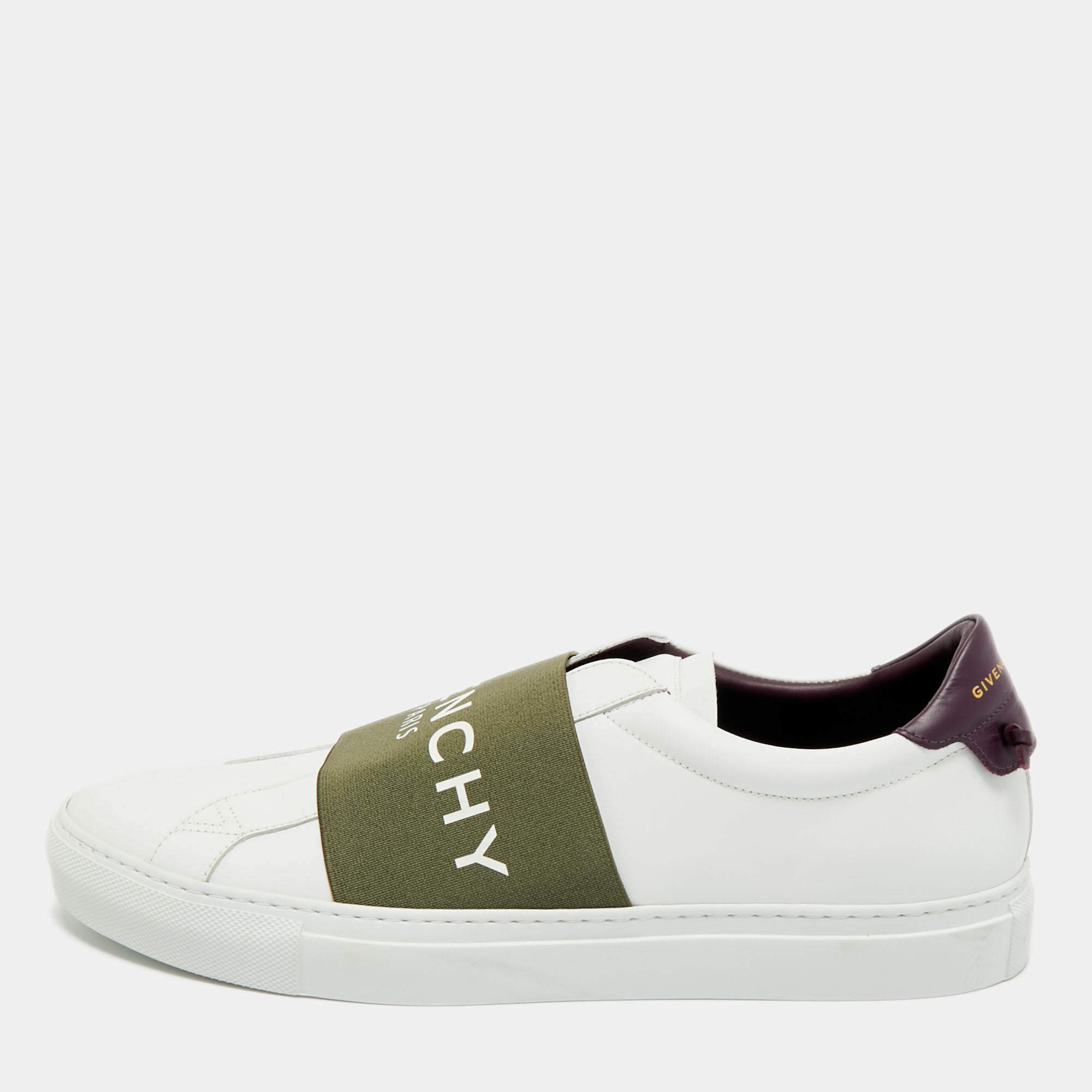 Pre Owned Givenchy White/Green Elastic and Leather Urban Street Slip On Sneakers Size 43
