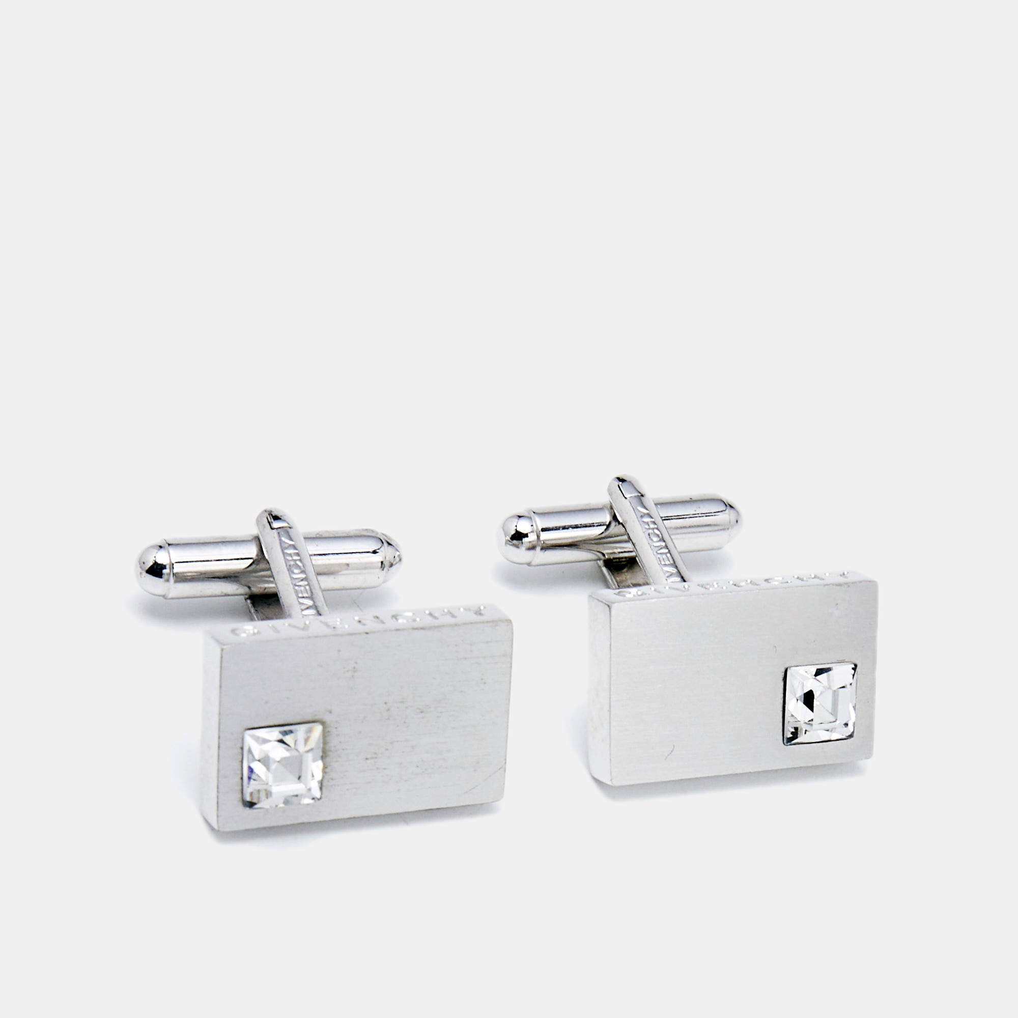 Givenchy Silver Tone Crystal Embedded Rectangle Cufflinks