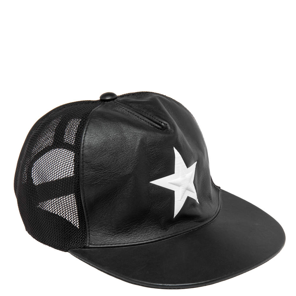Pre Owned Givenchy Black Leather & Mesh Star Detail Baseball Cap S