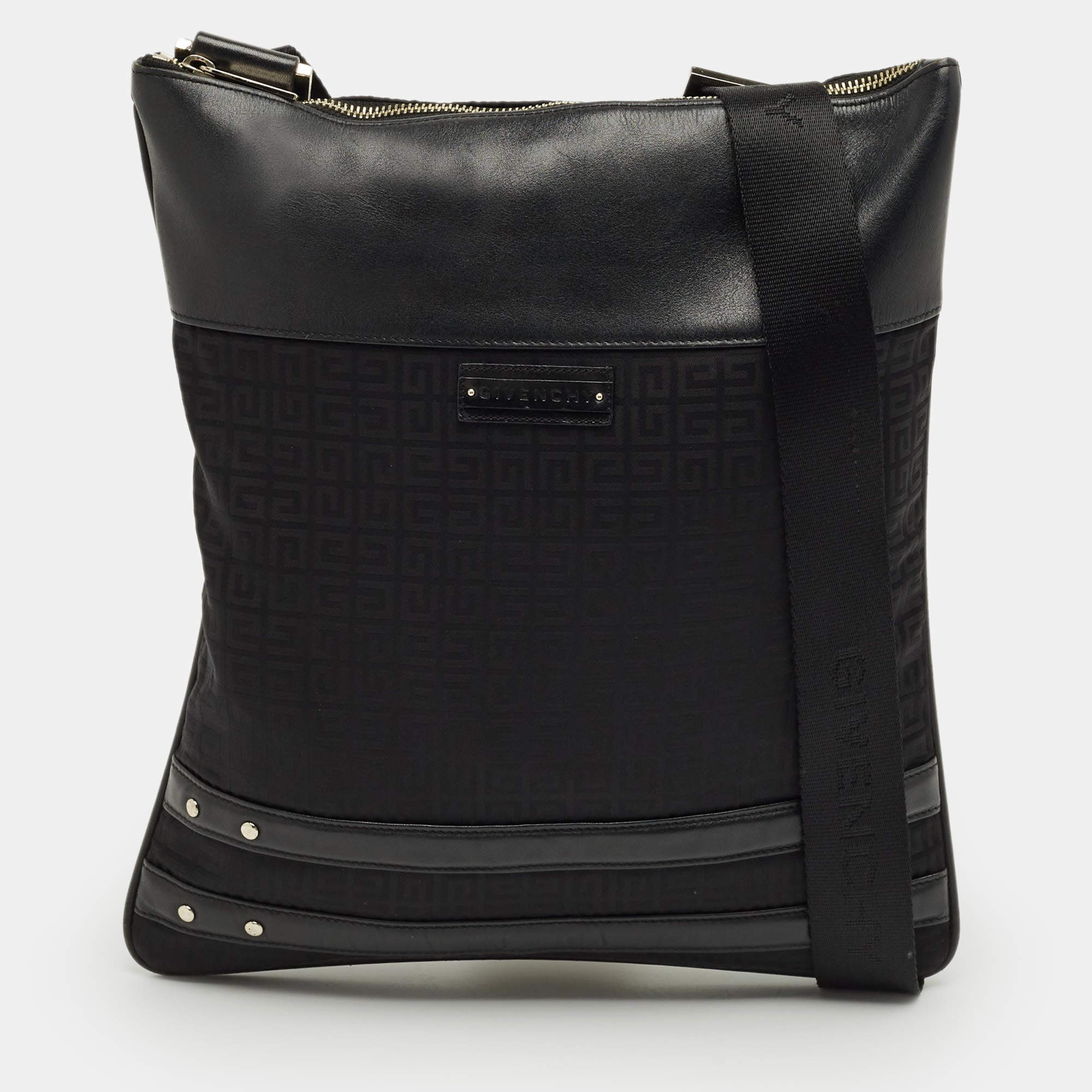 Pre Owned Givenchy Black Monogram Fabric and Leather Flat Messenger Bag