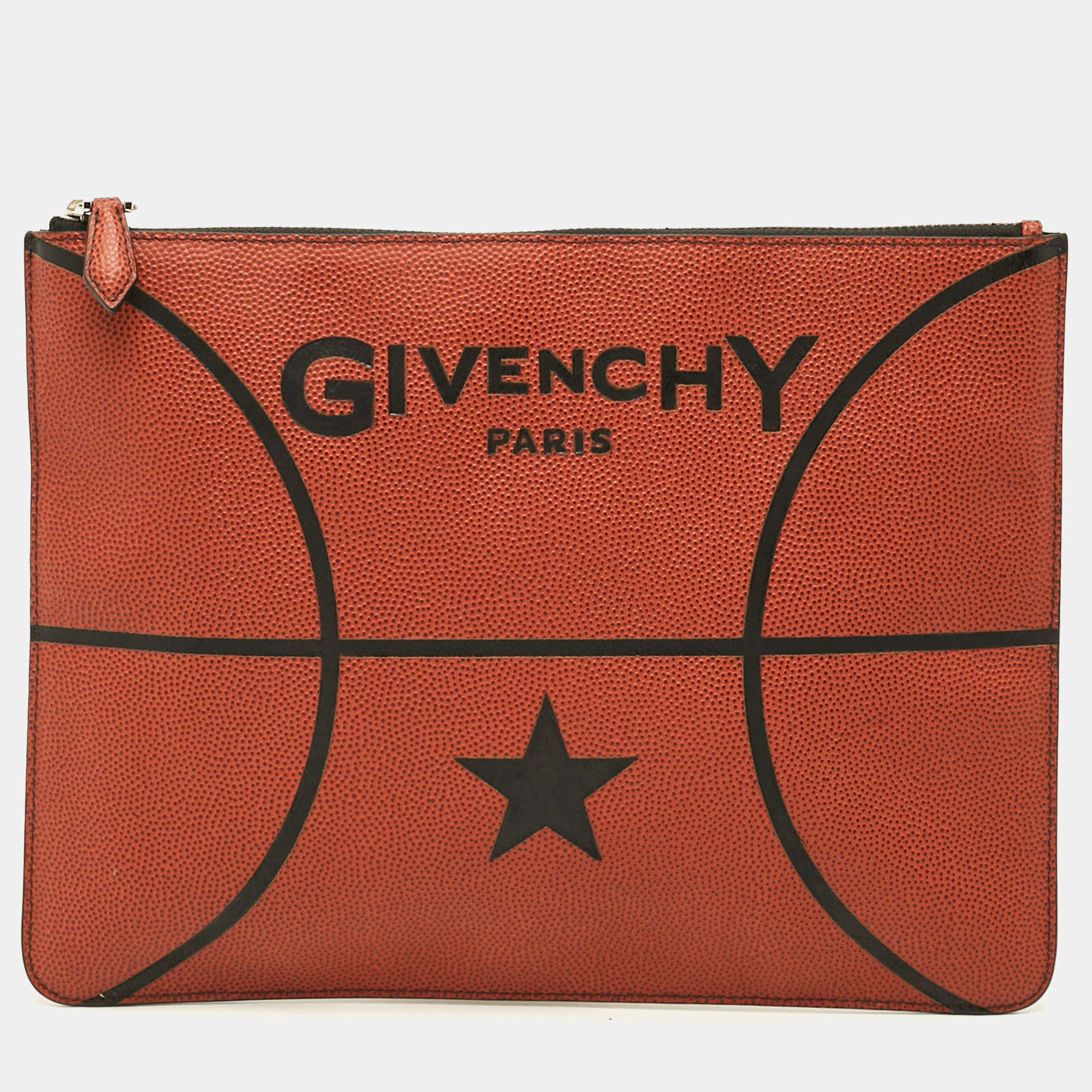 Pre Owned Givenchy Basketball Brick Red Pebbled Leather Flat Pouch