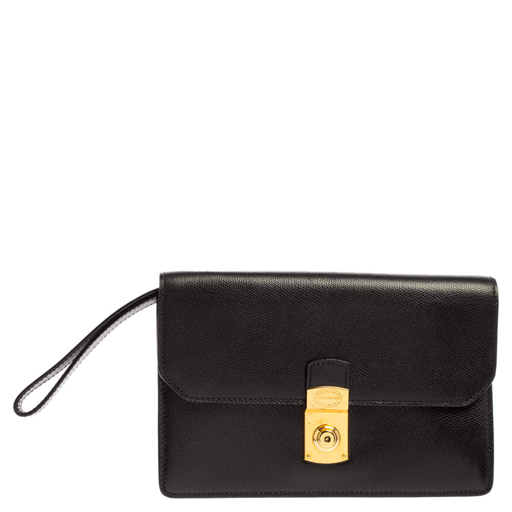 Givenchy Black Grained Leather Lock Flap Wristlet Clutch