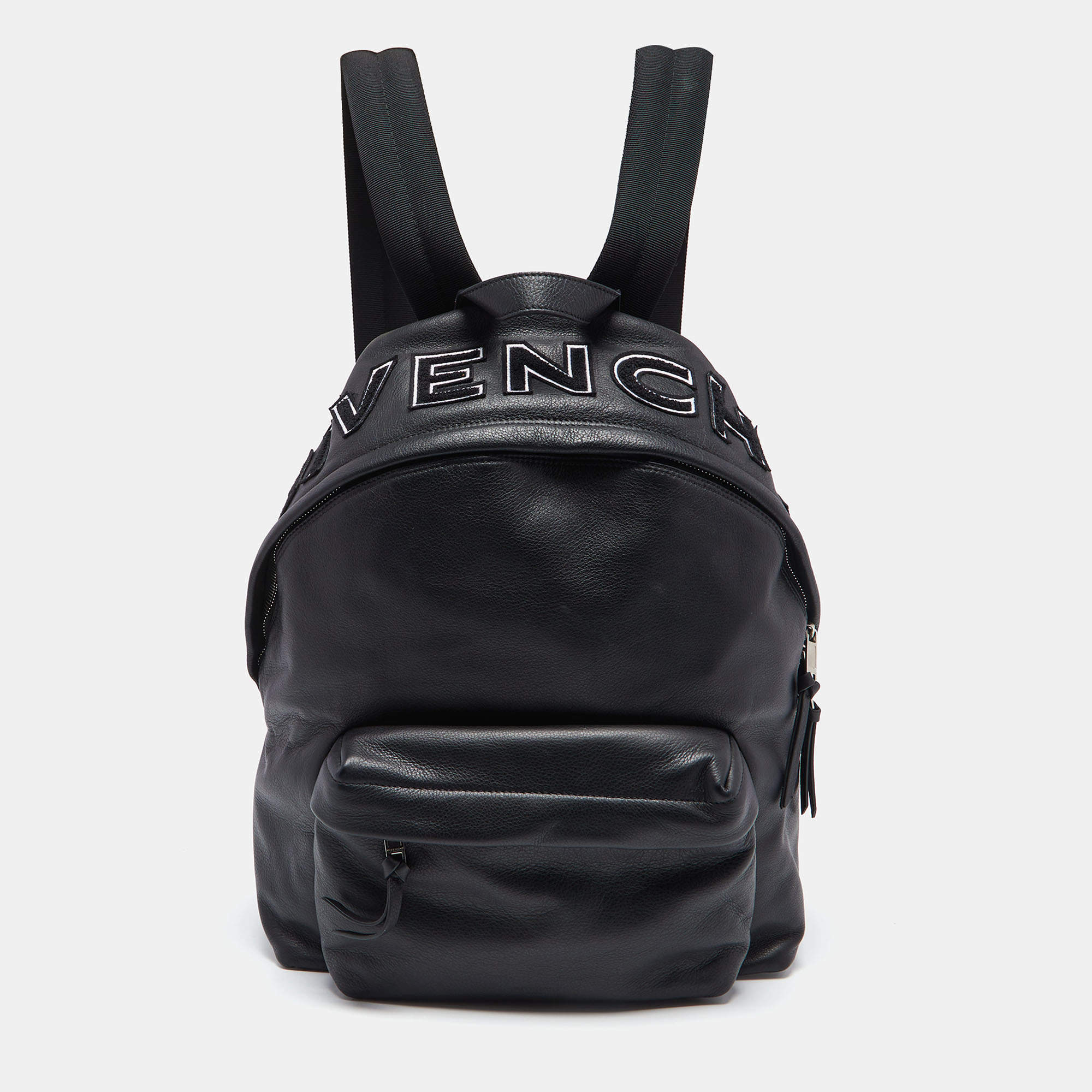 Pre Owned Givenchy Black Leather and Nylon Embroidered Logo Backpack