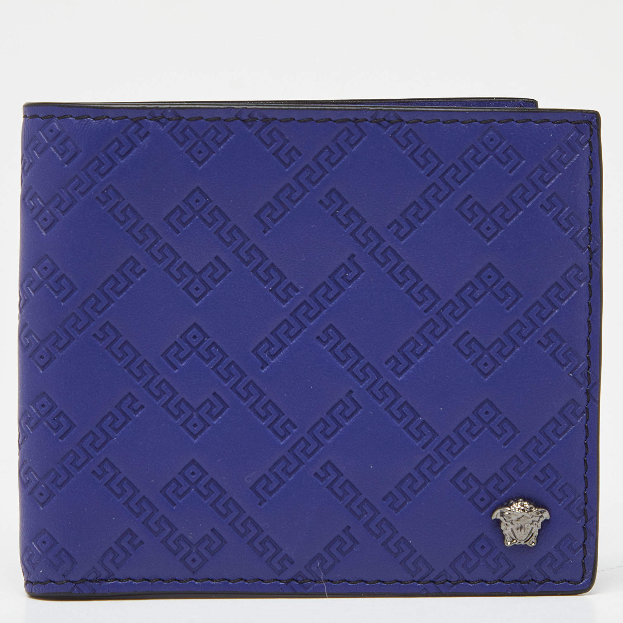 Versace Indigo Greca Embossed Leather Bifold Wallet