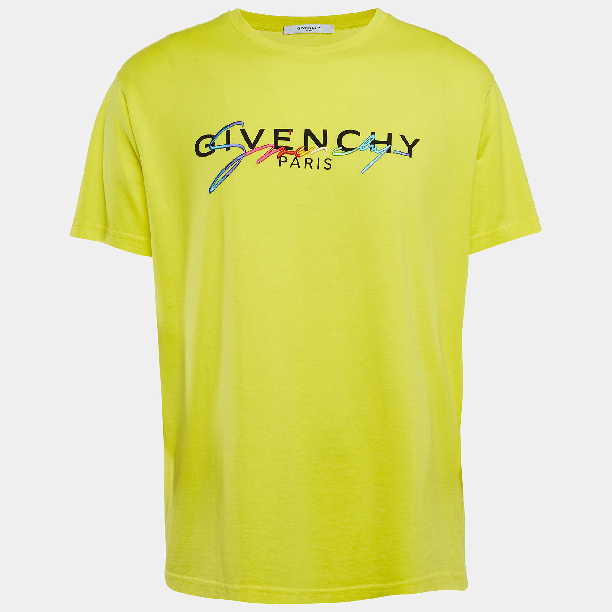 Pre Owned Givenchy Yellow Signature Logo Jersey Crew Neck T-Shirt M
