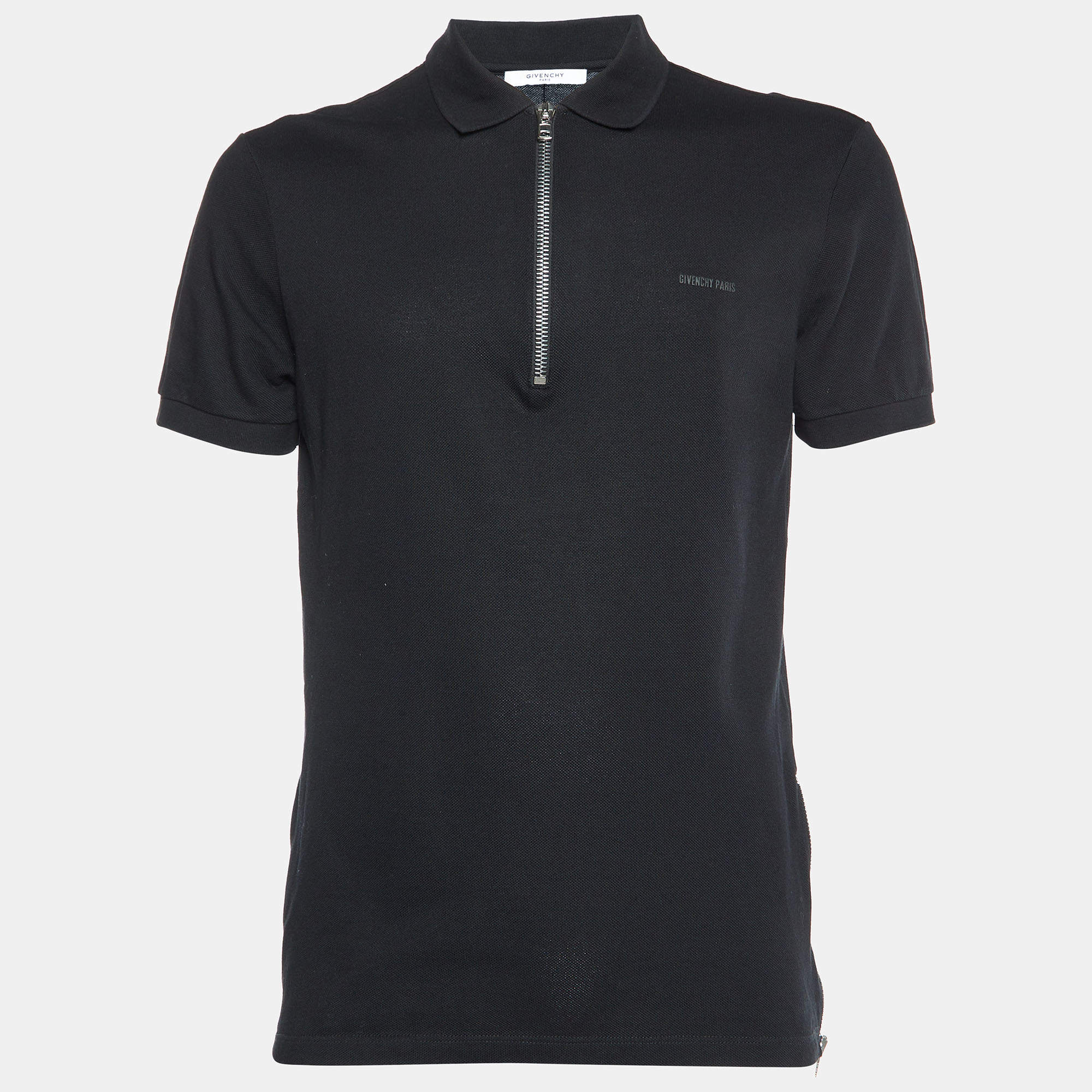 Pre Owned Givenchy Black Cotton Knit Zip Detailed Short Sleeve Polo T-Shirt L