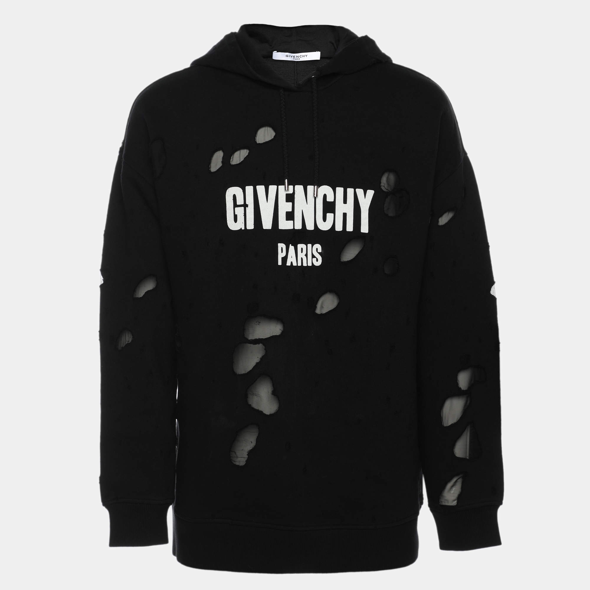 Givenchy Black Distressed Cotton & Mesh Inset Logo Printed Hooded Sweatshirt S