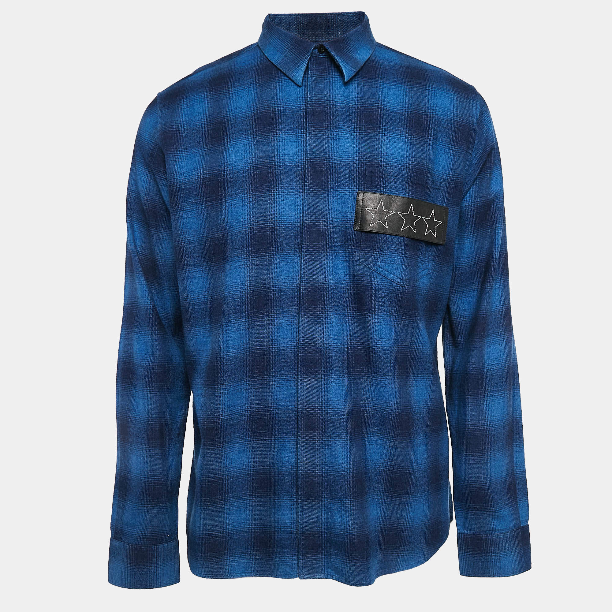 مملوكة مسبقًا Givenchy Navy Blue Plaid Flannel Cotton Stars Patch Shirt XXL