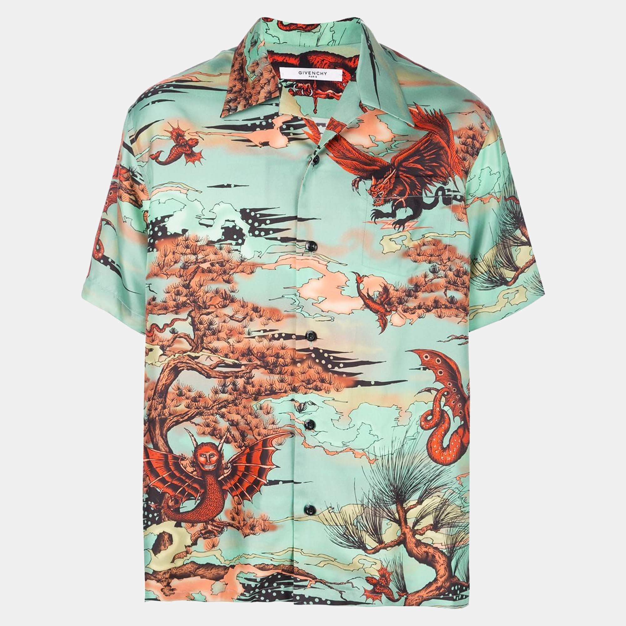 Givenchy Green Printed Silk Short Sleeve Shirt XXL