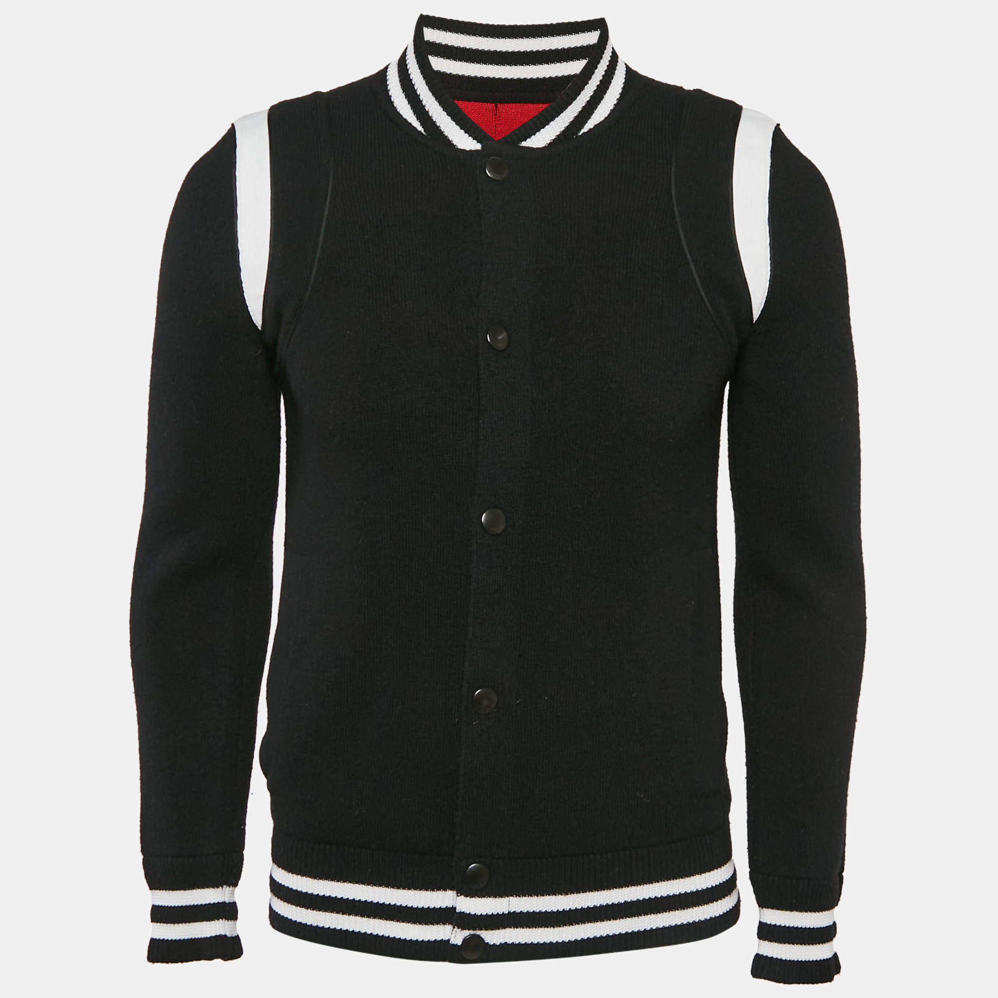 Pre Owned Givenchy Black Logo Intarsia Back Wool Knit Bomber Jacket S