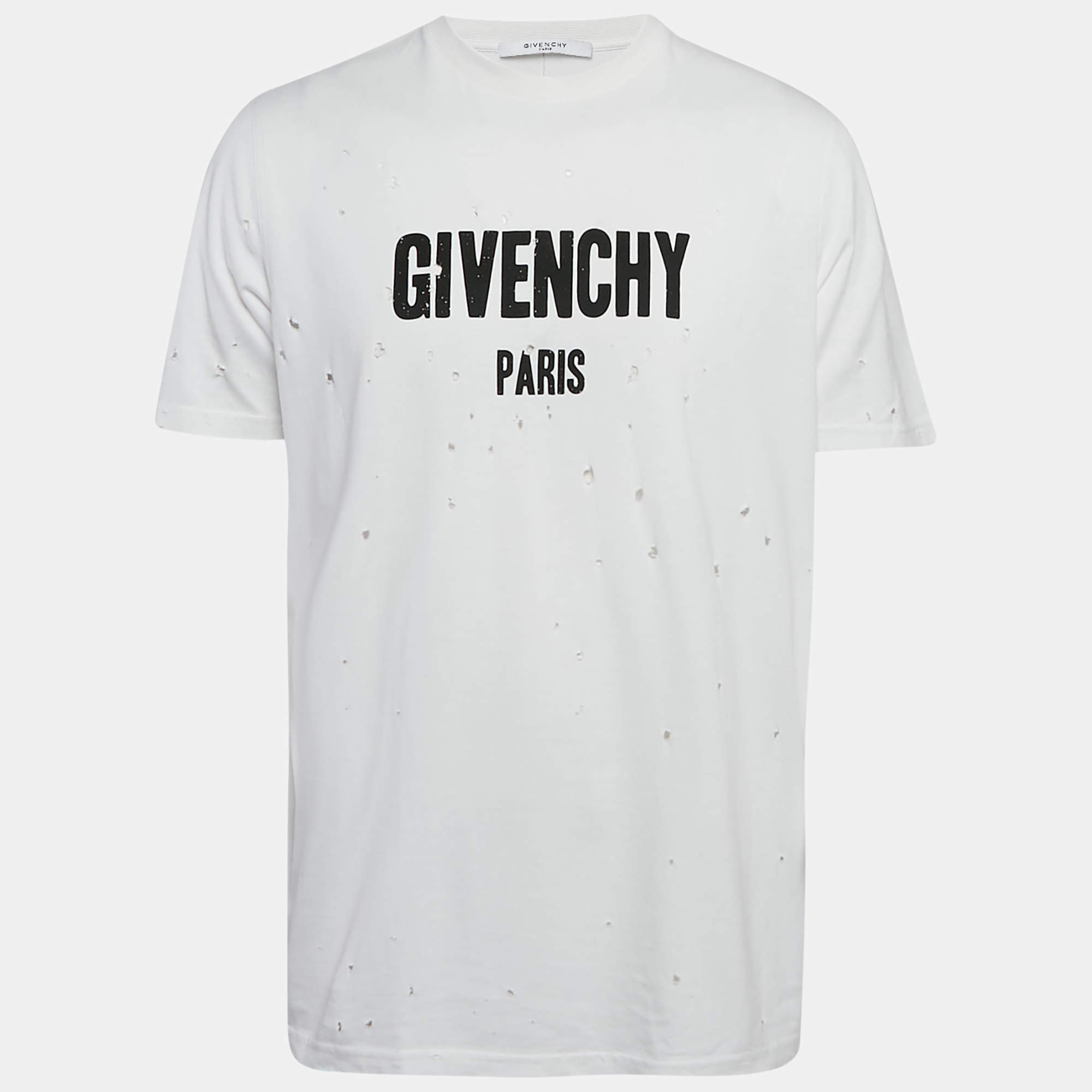 Givenchy White Logo Print Cotton Distressed T-Shirt S