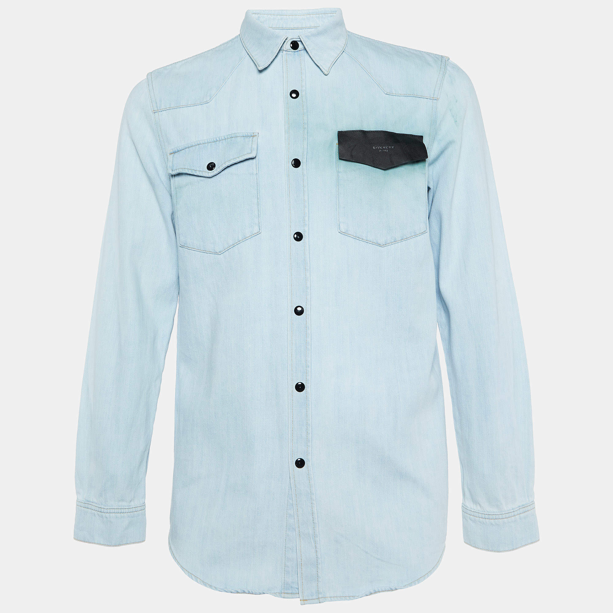 Pre Owned Givenchy Light Blue Denim Leather Trim Detail Shirt M