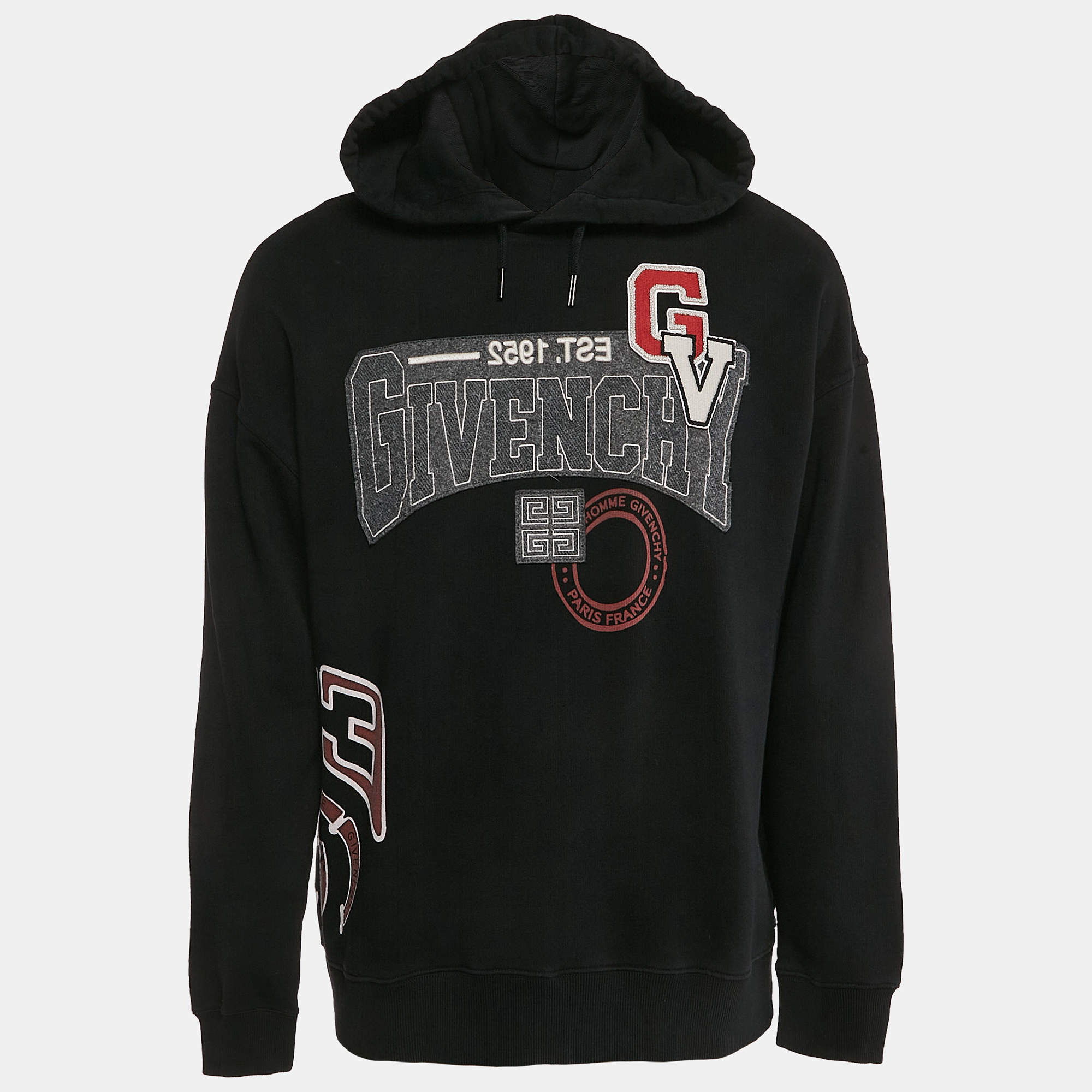 Givenchy Black Cotton Knit Applique Detail Hooded Sweatshirt L 