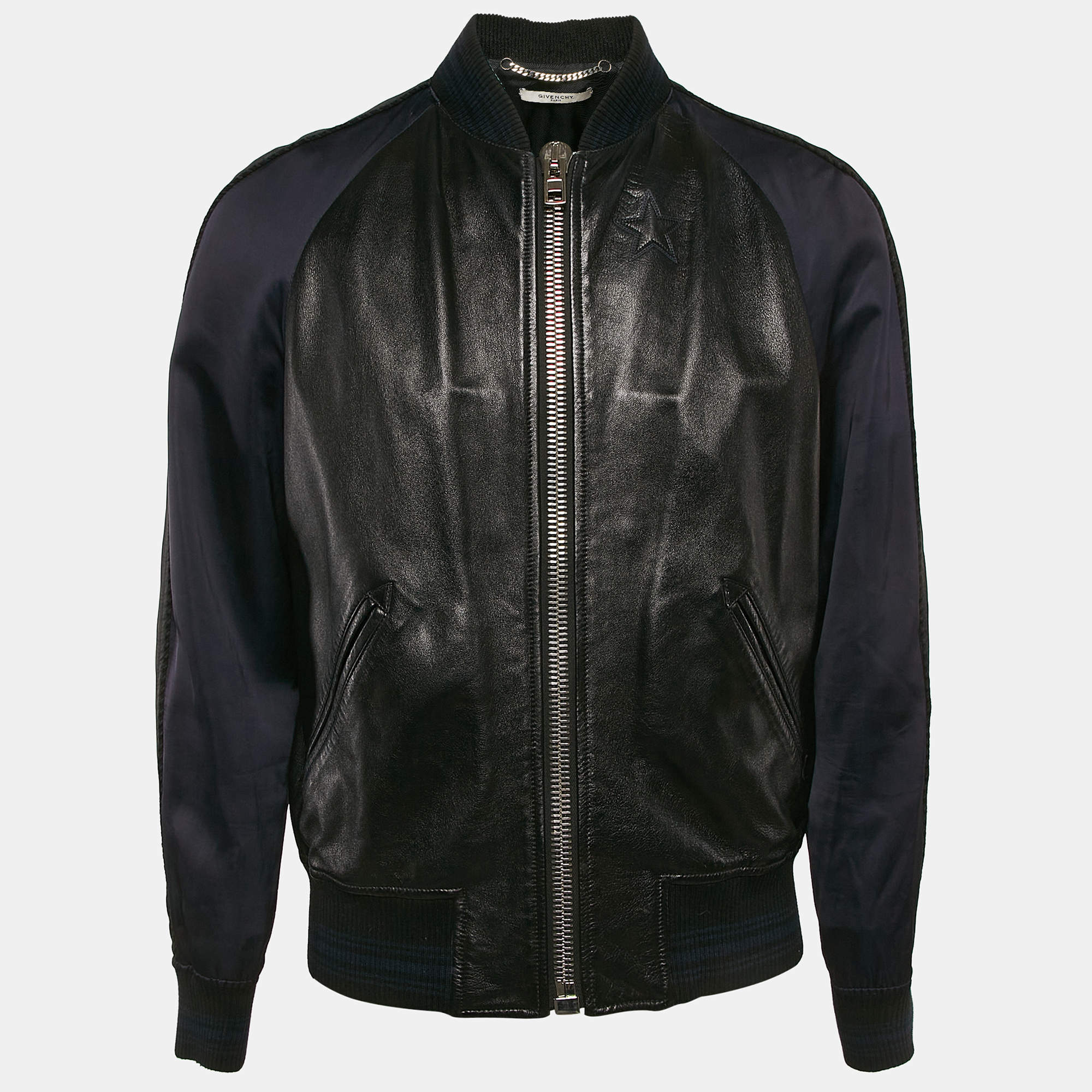 Givenchy Black/Blue Leather and Satin Bomber Jacket XL