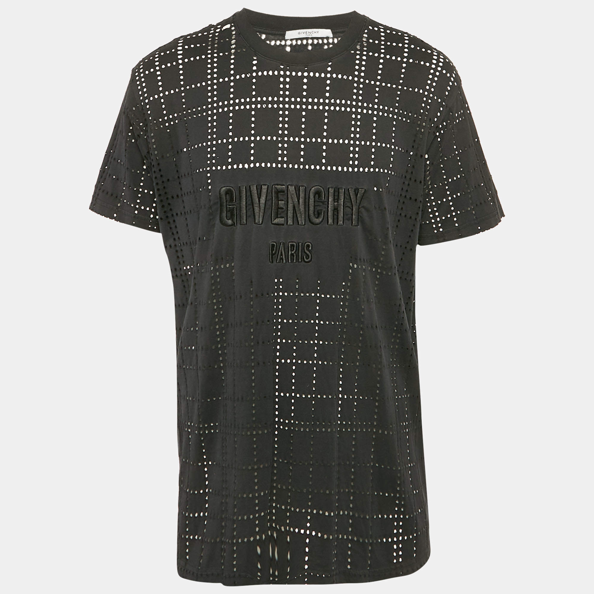 مملوكة مسبقًا Givenchy Black Logo Embroidery Perforated Cotton Crew Neck T-Shirt L