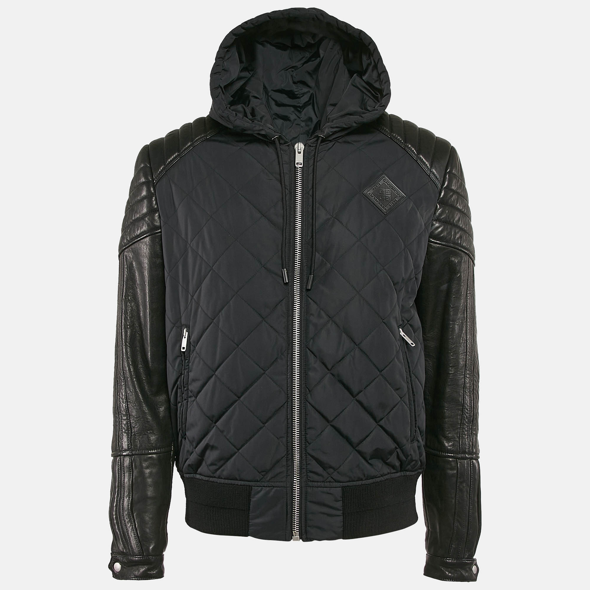 Givenchy Black Nylon and Leather Zip Up Hooded Jacket XL