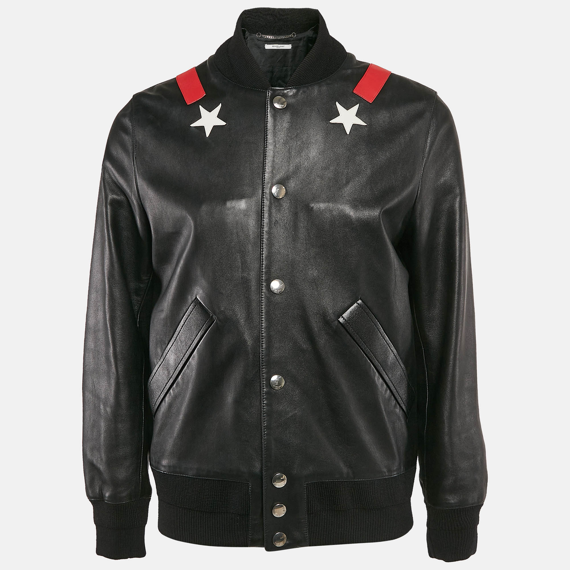 Givenchy Black Star Applique Leather Bomber Jacket L