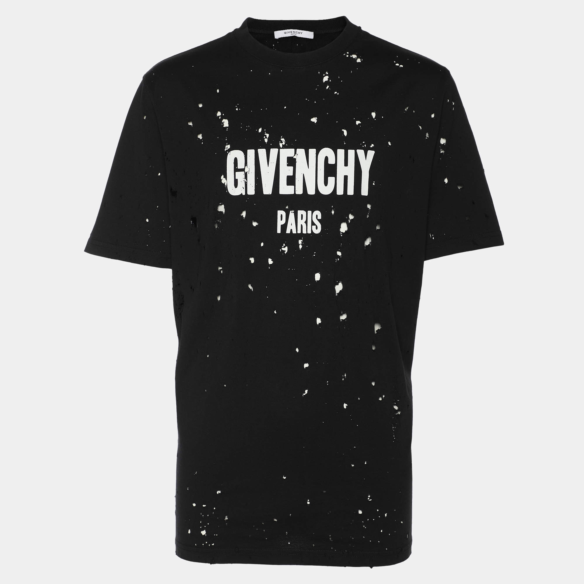 Givenchy Black Cotton Logo Print Ripped Details T-Shirt M