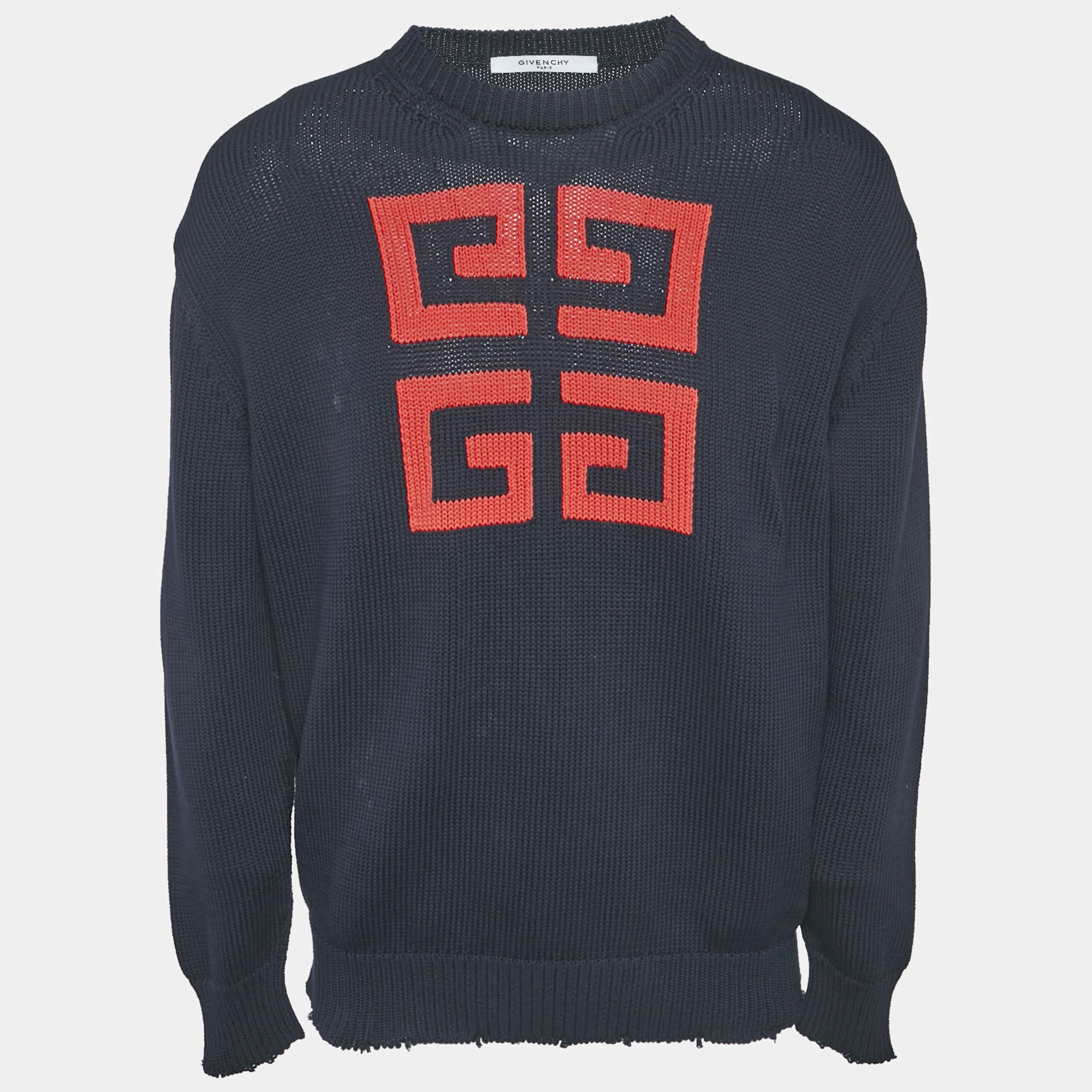 مملوكة مسبقًا Givenchy Navy Blue Logo Intarsia Rib Knit Crew Neck Sweatshirt M